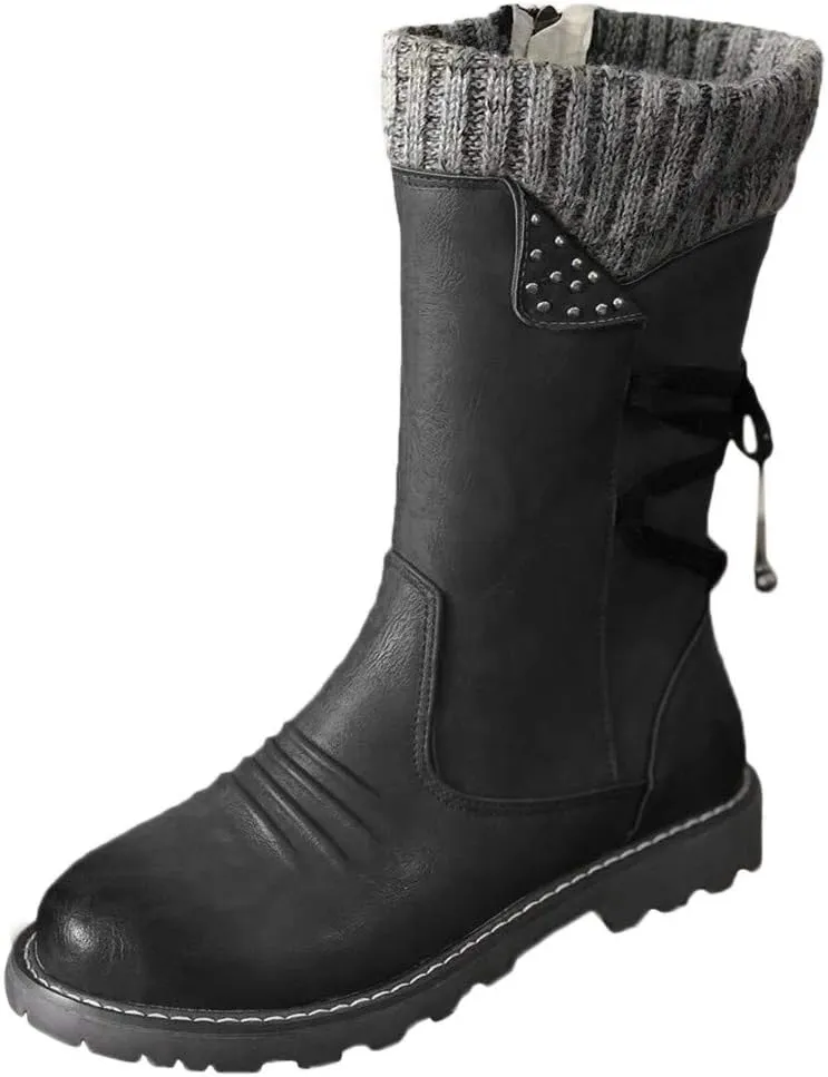 Women Snow Boots Knit Calf Waterproof Winter Boots Non Slip Fully Fur Booties Winter Warm Outdoor Ankle Boots Comfortable Winter Shoes Trekking Shoes