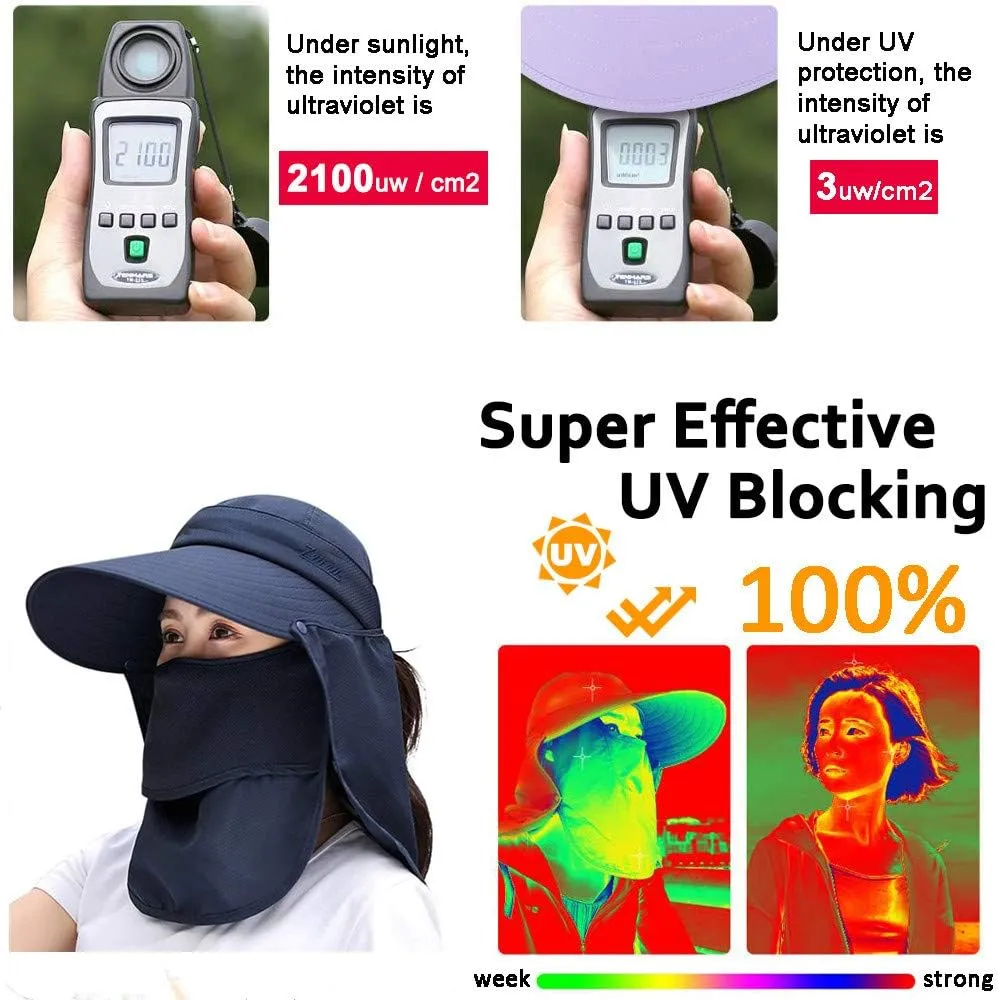 Women Sun Face Mask Visor Hat, Wide Brim Cap UV Protection Foldable Hat with Detachable Adjustable Flaps