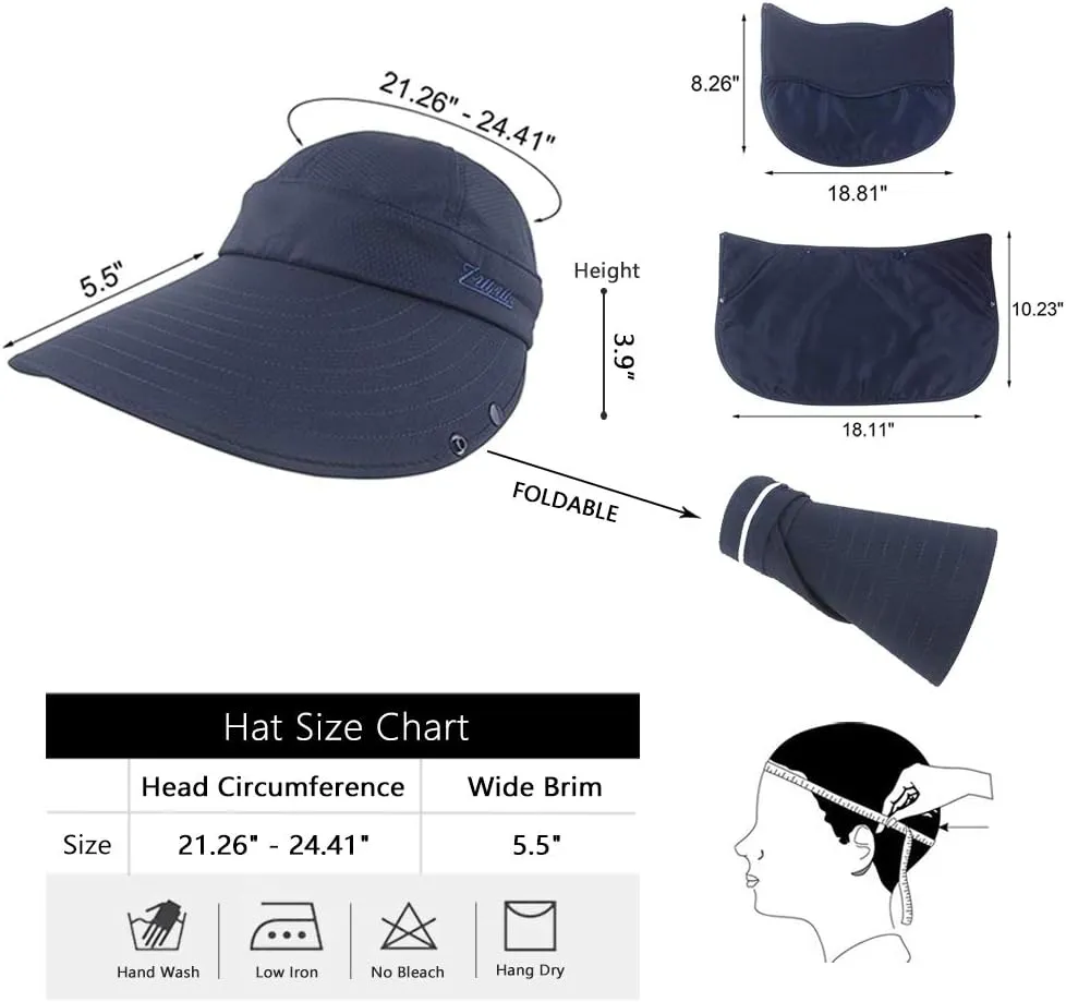 Women Sun Face Mask Visor Hat, Wide Brim Cap UV Protection Foldable Hat with Detachable Adjustable Flaps