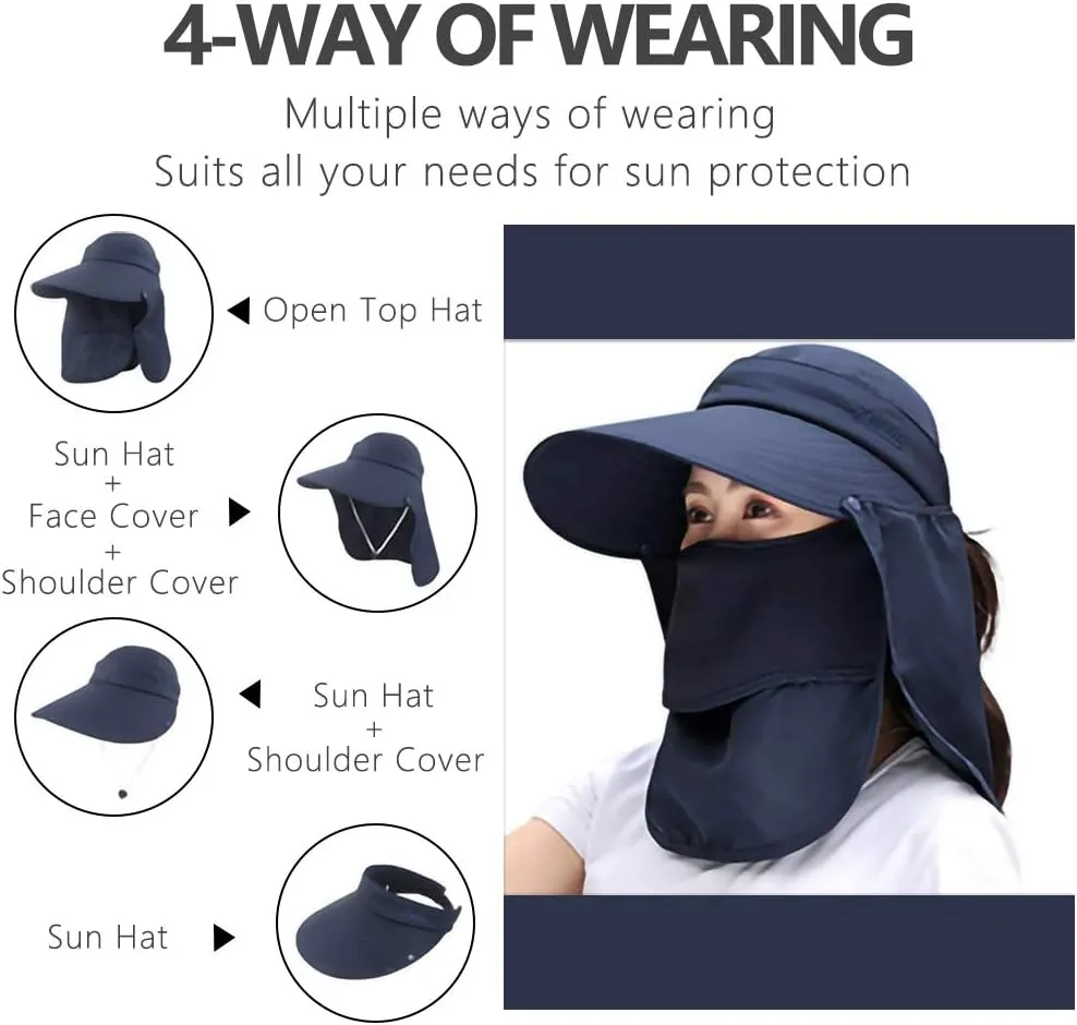 Women Sun Face Mask Visor Hat, Wide Brim Cap UV Protection Foldable Hat with Detachable Adjustable Flaps