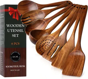Wooden Spoons for Cooking - 8 Pcs Teak Wood Cookware Utensil Set with Smooth Finish - Non-Stick, Comfortable Grip - Durable, Heat Resistant Kitchen Utensils