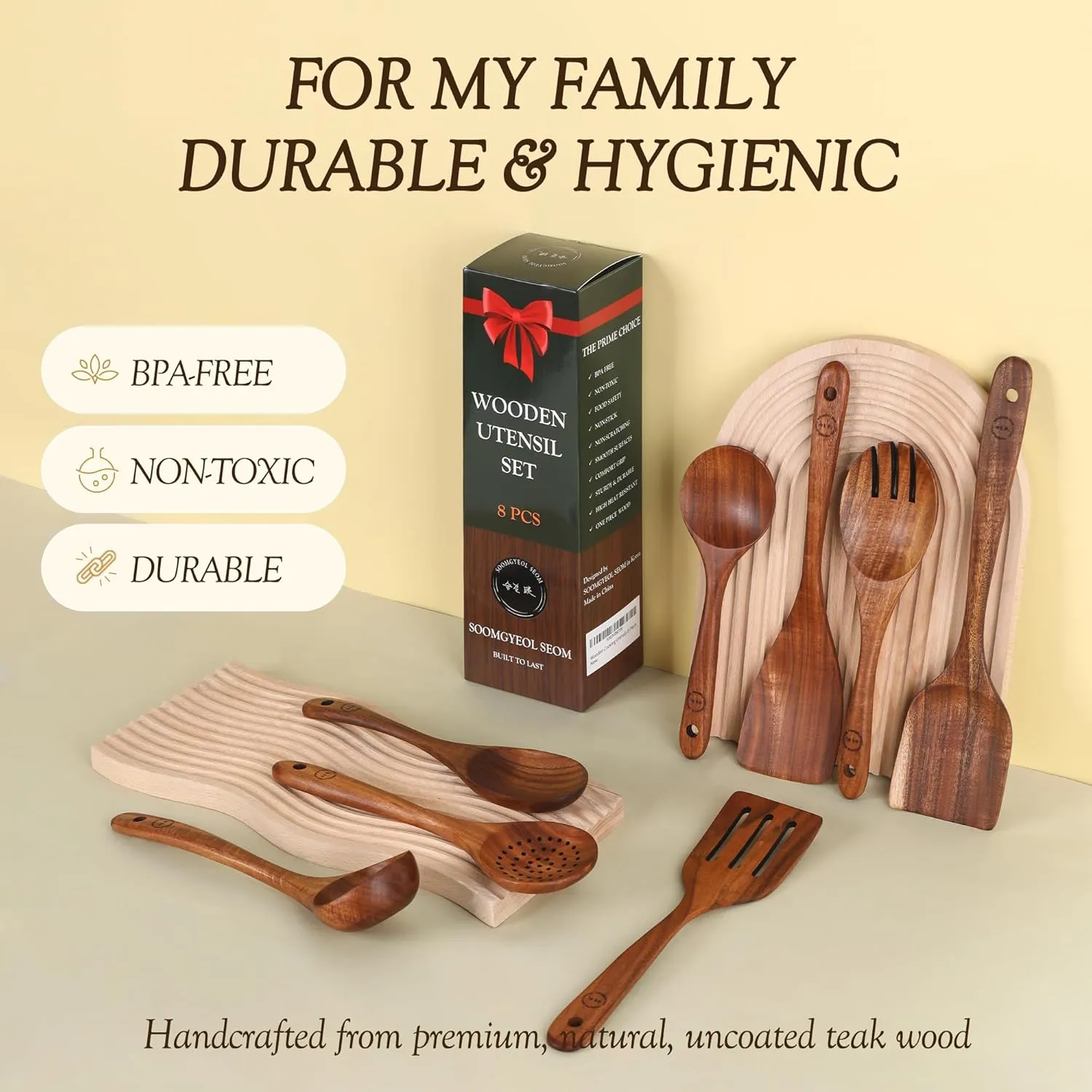 Wooden Spoons for Cooking - 8 Pcs Teak Wood Cookware Utensil Set with Smooth Finish - Non-Stick, Comfortable Grip - Durable, Heat Resistant Kitchen Utensils