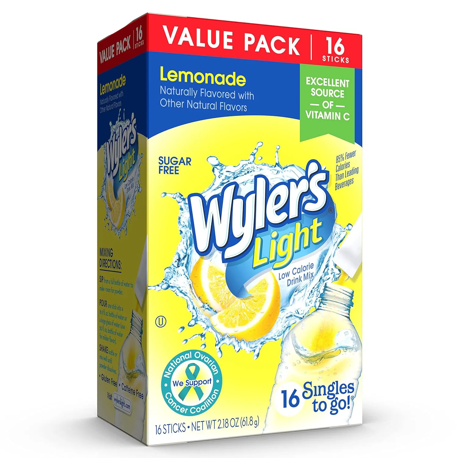 Wyler's Light Singles To Go Powder Packets, Water Drink Mix, Lemonade, 16 Count, 6 Boxes (96 Single Servings)