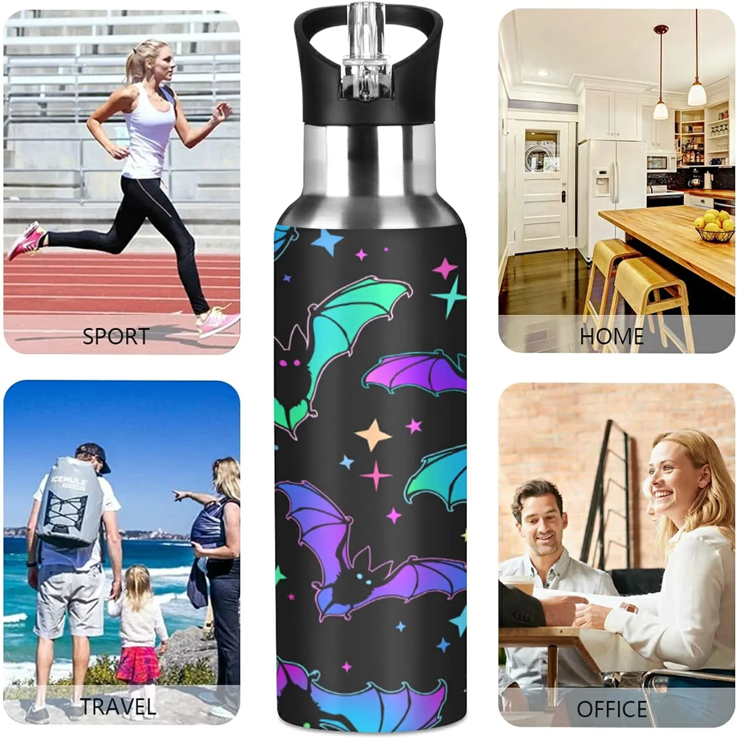 xigua 22 OZ Bright Bats Water Bottle with Straw, Sports Water Bottle BPA Free Stainless Steel Water Jugs for Gym, Kitchen, Working, Outdoor