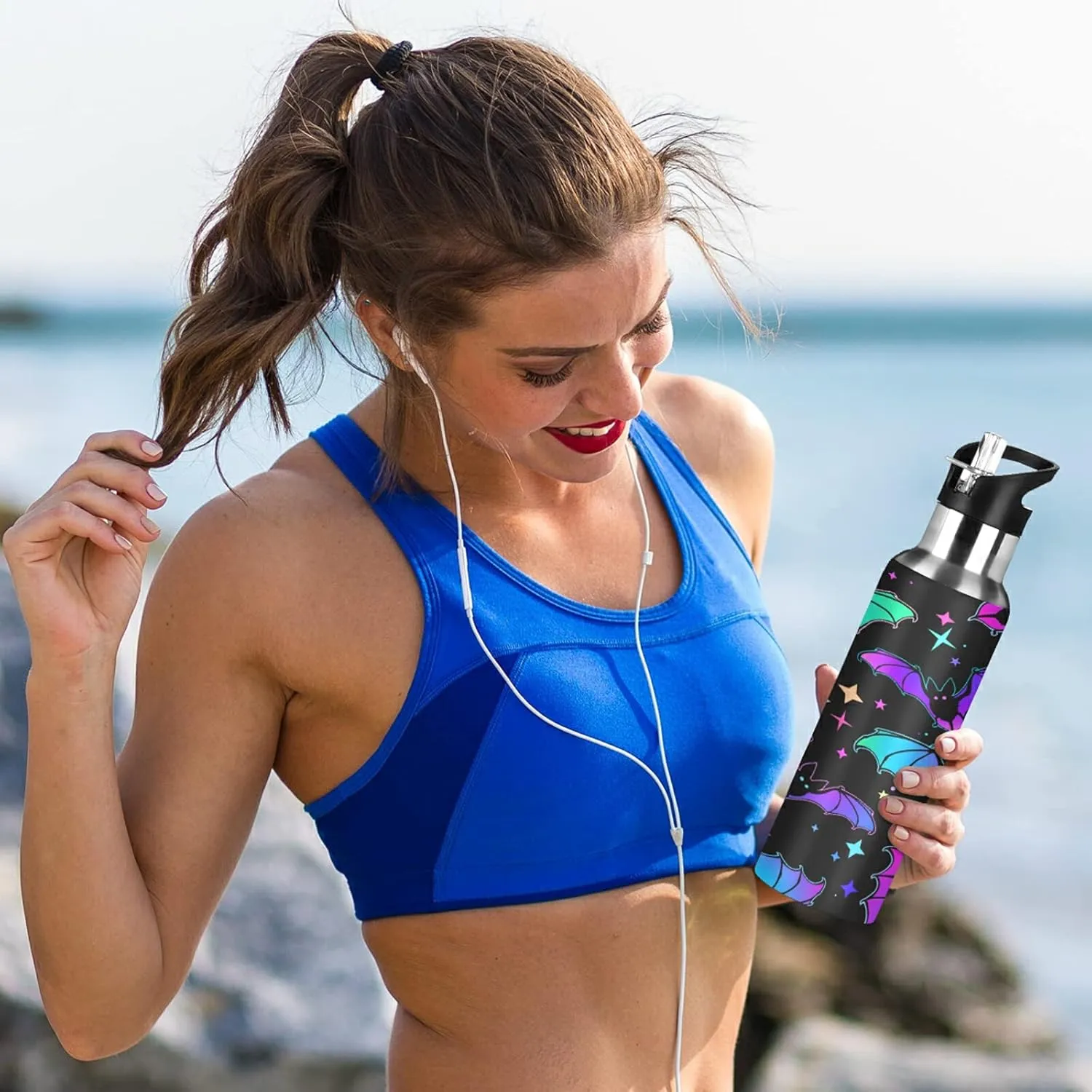 xigua 22 OZ Bright Bats Water Bottle with Straw, Sports Water Bottle BPA Free Stainless Steel Water Jugs for Gym, Kitchen, Working, Outdoor