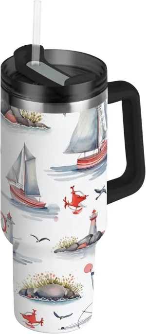 xigua 30 oz Lighthouse Tumbler with Handle and Straw Lid, Stainless Steel Vacuum Insulated Sports Water Bottle, Keeps Cold or Hot Coffee Cup Travel Mug