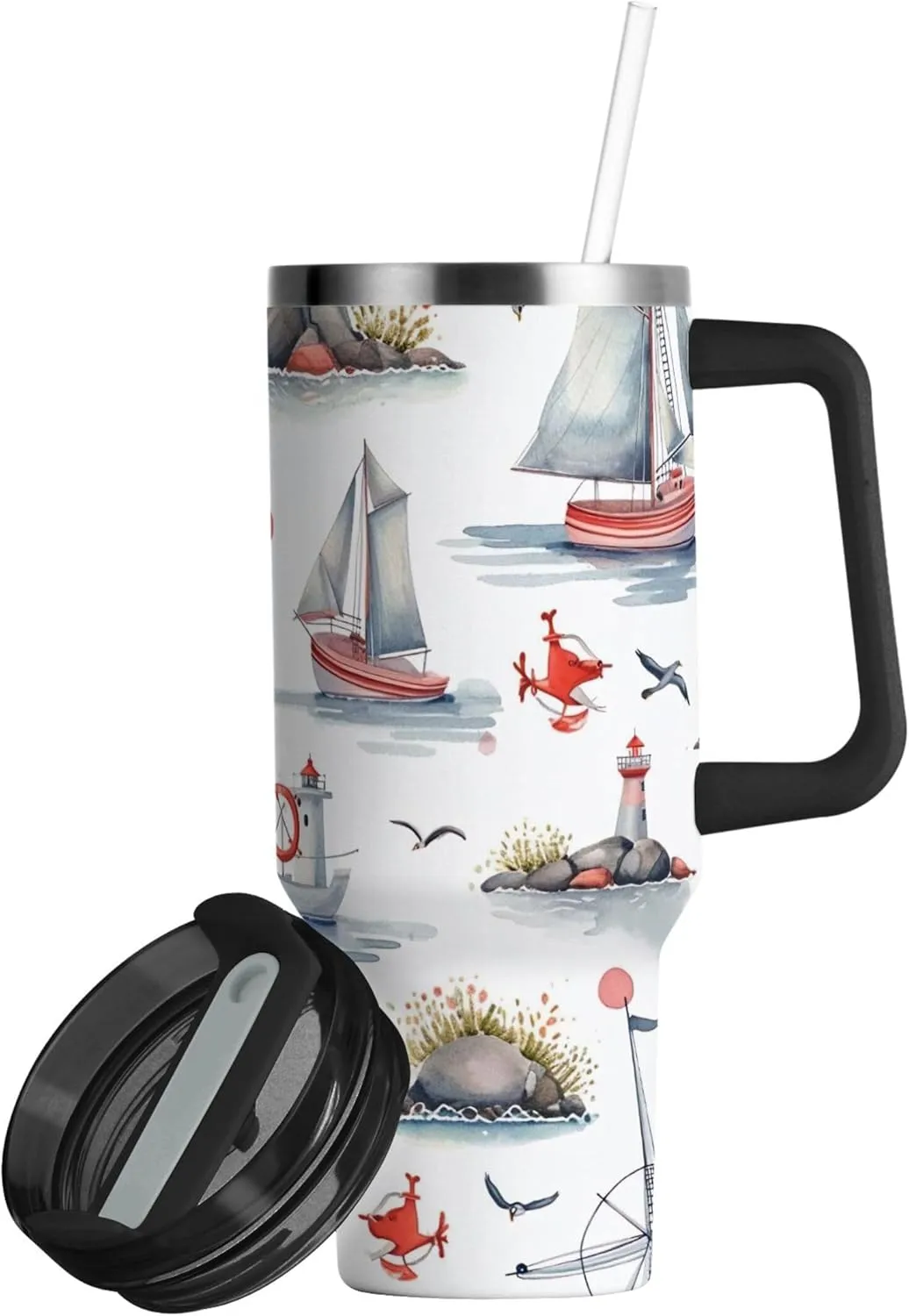 xigua 30 oz Lighthouse Tumbler with Handle and Straw Lid, Stainless Steel Vacuum Insulated Sports Water Bottle, Keeps Cold or Hot Coffee Cup Travel Mug