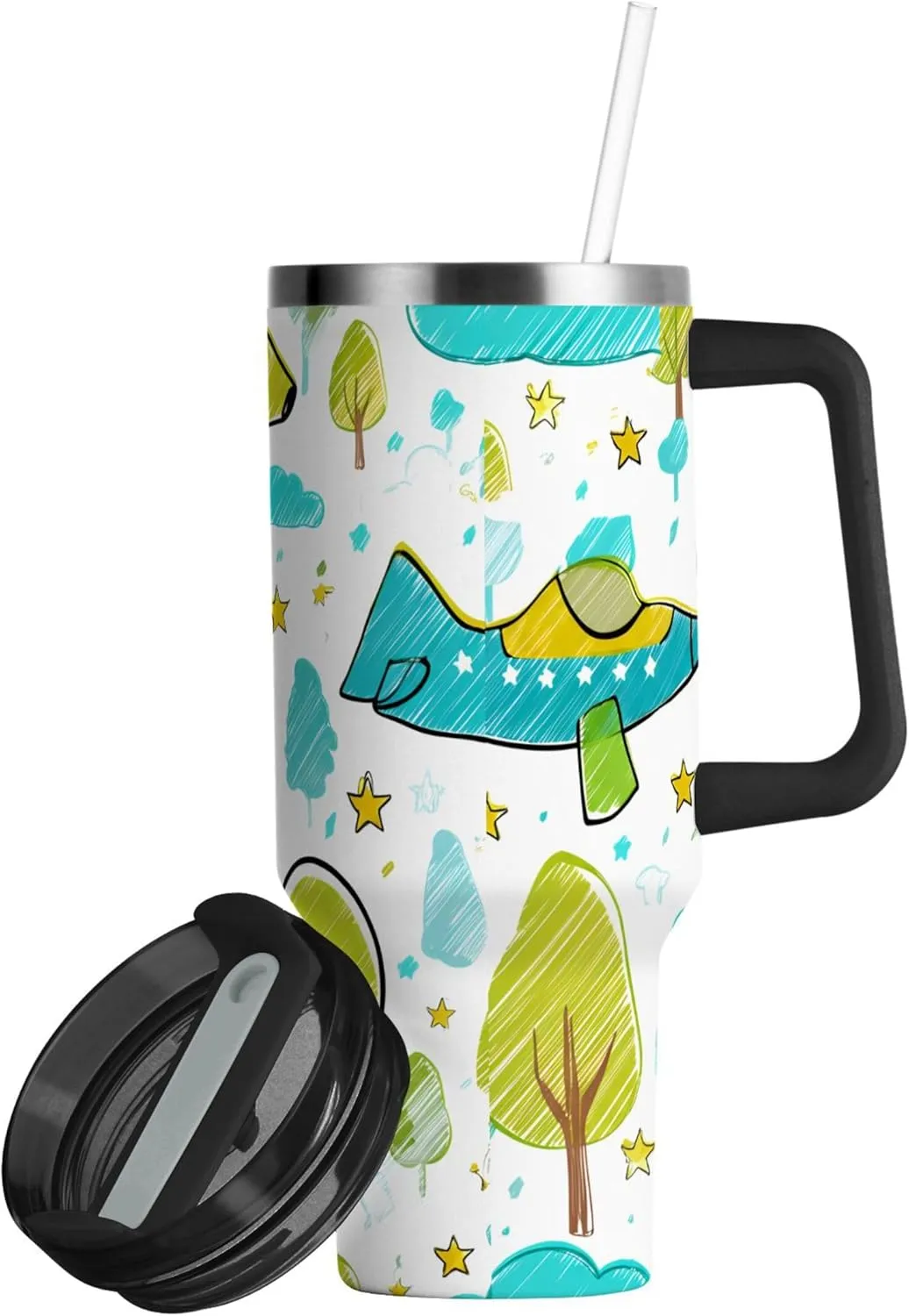 xigua 30 oz Whimsical Airplanes Tumbler with Handle and Straw Lid, Stainless Steel Vacuum Insulated Sports Water Bottle, Keeps Cold or Hot Coffee Cup Travel Mug