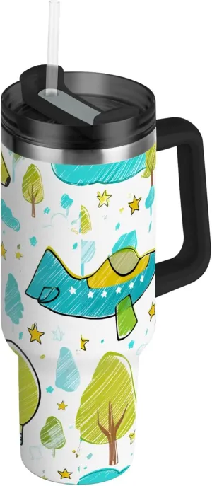 xigua 30 oz Whimsical Airplanes Tumbler with Handle and Straw Lid, Stainless Steel Vacuum Insulated Sports Water Bottle, Keeps Cold or Hot Coffee Cup Travel Mug
