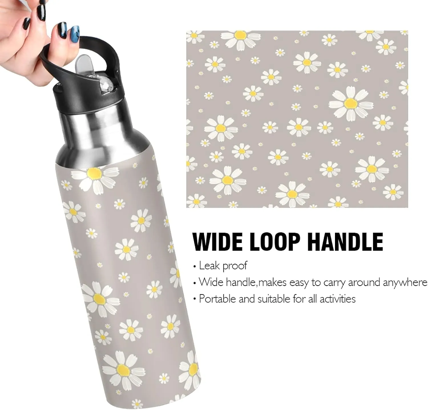 xigua Daisy Water Bottle with Straw Lid 22 oz - Vacuum Insulated Stainless Steel Water Bottles Leakproof Water Flask for Fitness Sports Outdoor