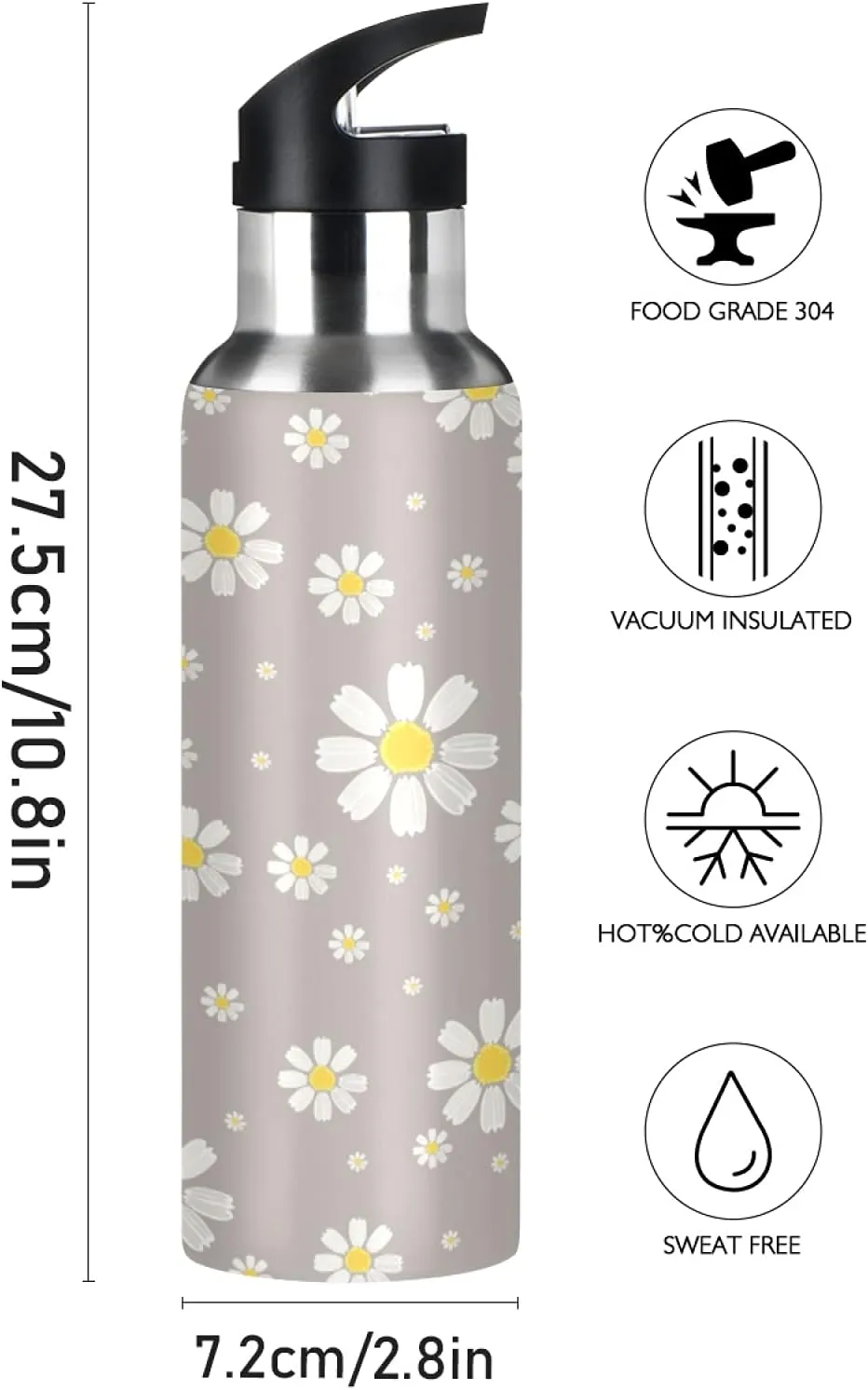 xigua Daisy Water Bottle with Straw Lid 22 oz - Vacuum Insulated Stainless Steel Water Bottles Leakproof Water Flask for Fitness Sports Outdoor