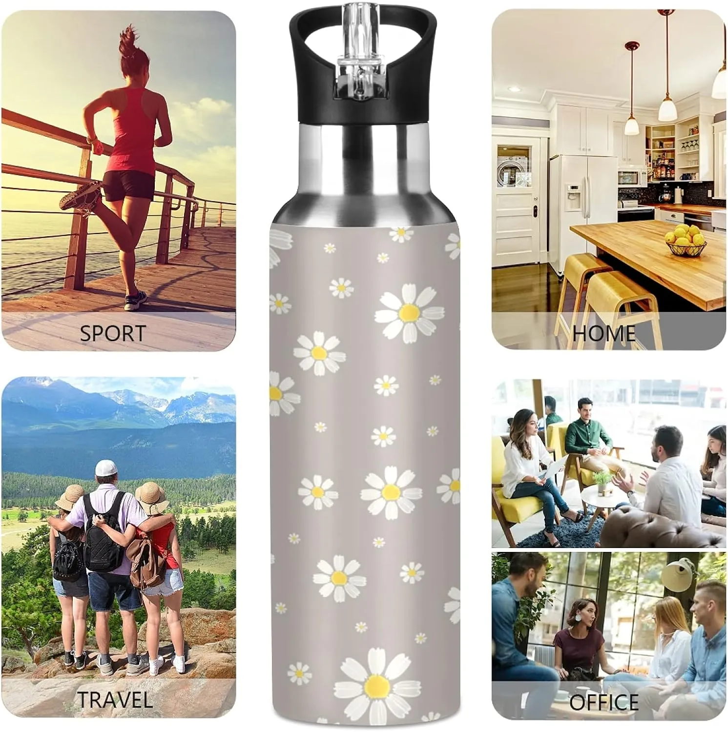 xigua Daisy Water Bottle with Straw Lid 22 oz - Vacuum Insulated Stainless Steel Water Bottles Leakproof Water Flask for Fitness Sports Outdoor