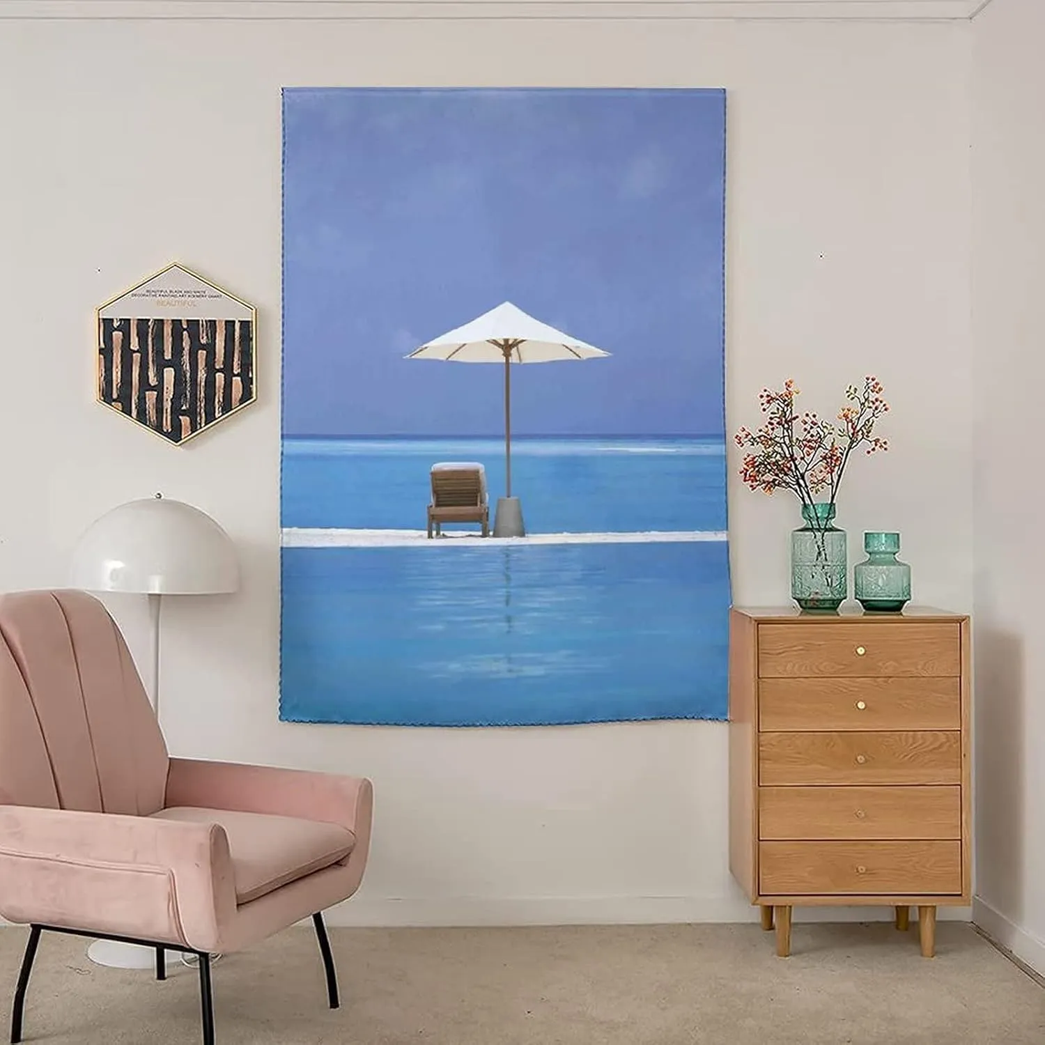 XISUNYA Adjustable Blackout Shades, Seaside Portable Blackout Curtain, Beach Chairs and Umbrella on Island Ocean Seascape Print Living Room Bedroom Window Drapes,59W x72L Inches, for Bathroom Bedroom