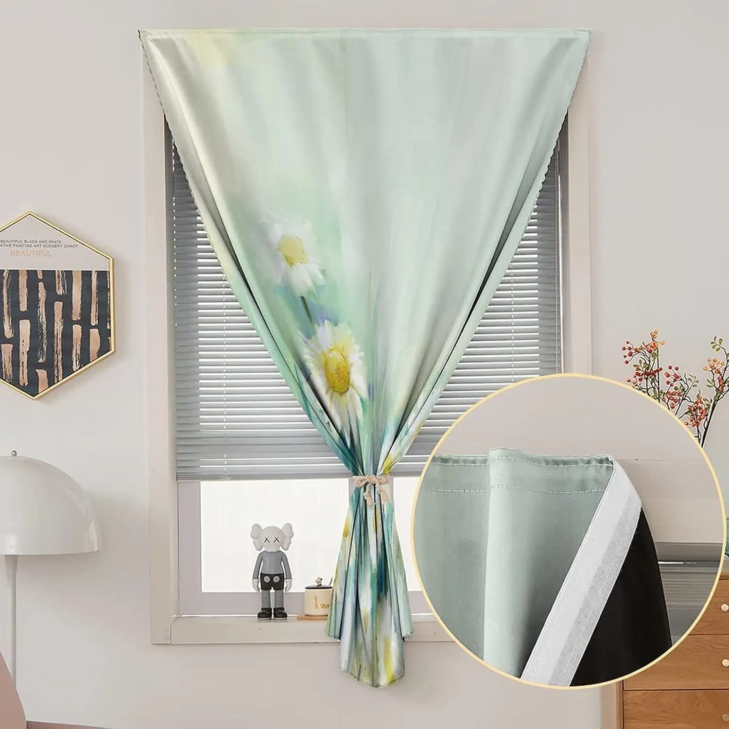 XISUNYA Anywhere Portable Blackout Curtain, Daisy Flowers Door Window Curtains, Hand Paint White Flowers Field Art Print Bedroom Blackout Curtains,59W x72L Inch, for Kitchen Bathroom Living Room