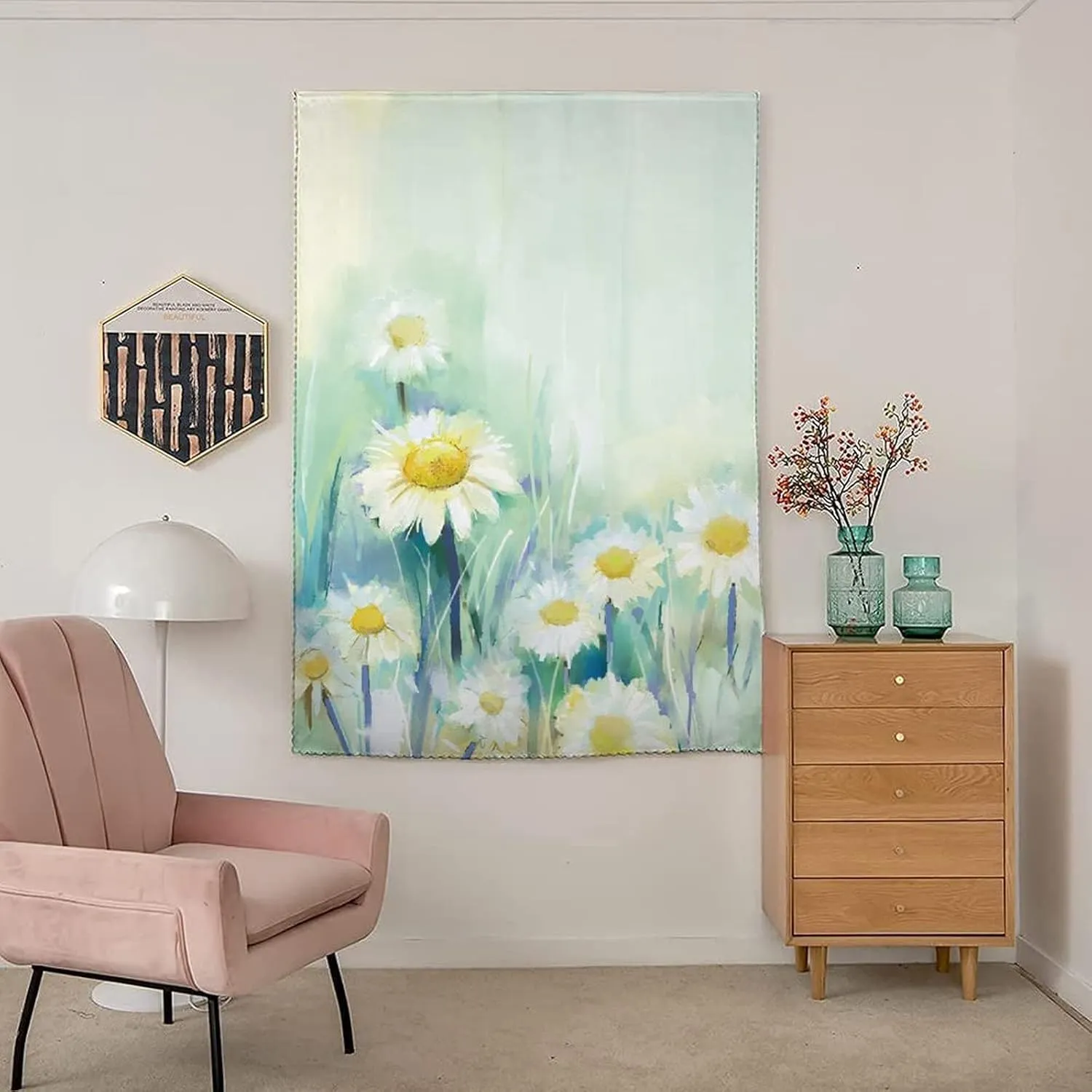 XISUNYA Anywhere Portable Blackout Curtain, Daisy Flowers Door Window Curtains, Hand Paint White Flowers Field Art Print Bedroom Blackout Curtains,59W x72L Inch, for Kitchen Bathroom Living Room