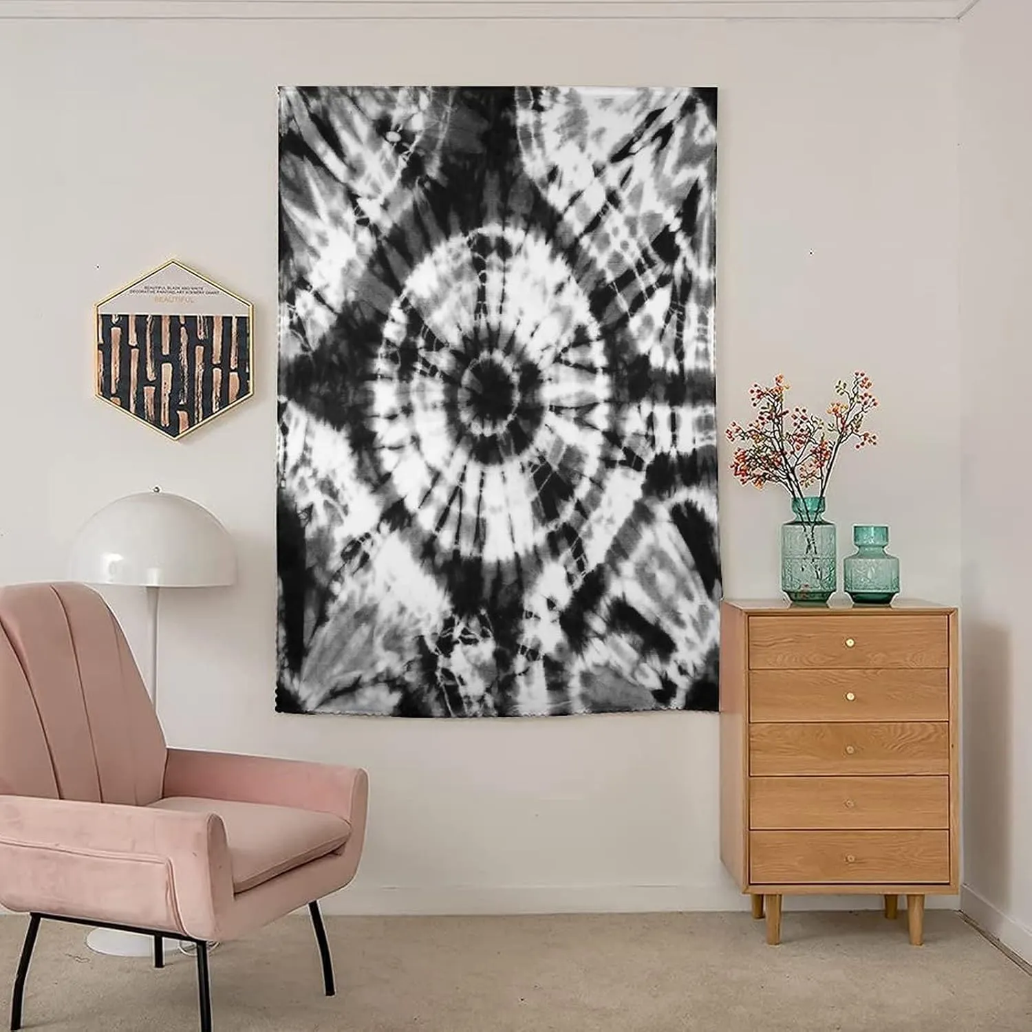 XISUNYA Self Adhesive Portable Blackout Curtains, Abstract Short Door Window CurtainsHand Painted Tie Dyed Black and White Print Thermal Lnsulated Room Darkening Small Drapes,35W x54L Inch