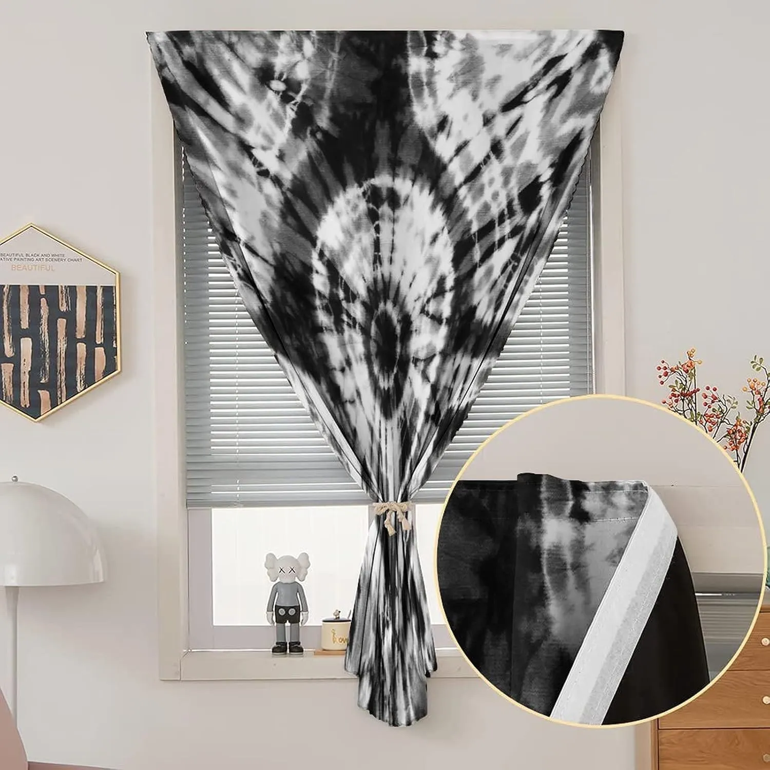 XISUNYA Self Adhesive Portable Blackout Curtains, Abstract Short Door Window CurtainsHand Painted Tie Dyed Black and White Print Thermal Lnsulated Room Darkening Small Drapes,35W x54L Inch