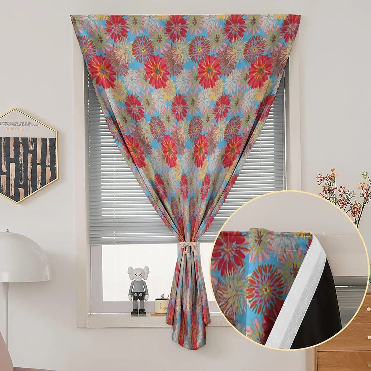 XISUNYA Self Adhesive Portable Blackout Curtains, Dahlia Room Darkening Curtains, Cheerful Floral Pattern with Large Dahlia and Chrysanthemum Print Temporary Blackout Blinds,26W x40L Inch