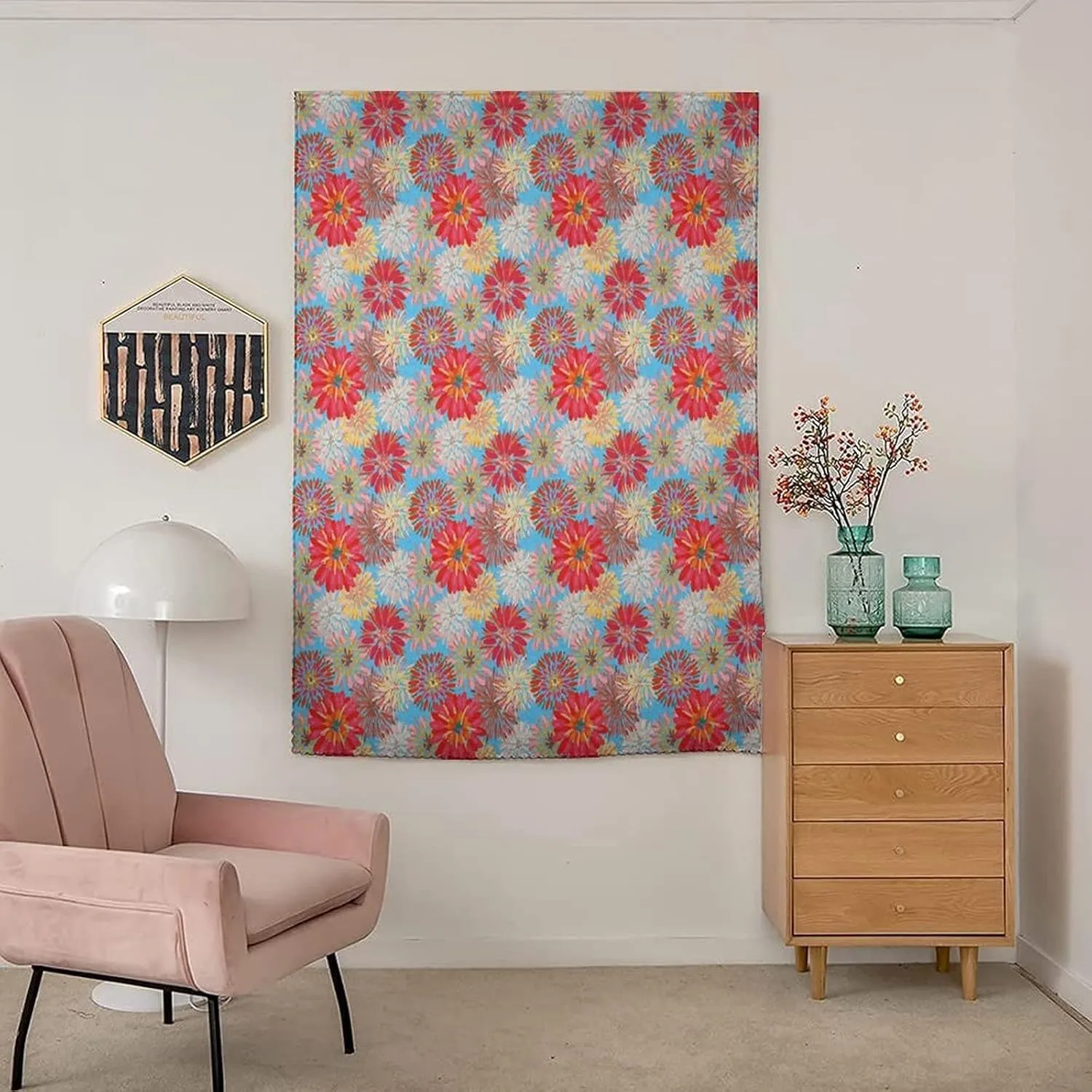 XISUNYA Self Adhesive Portable Blackout Curtains, Dahlia Room Darkening Curtains, Cheerful Floral Pattern with Large Dahlia and Chrysanthemum Print Temporary Blackout Blinds,26W x40L Inch