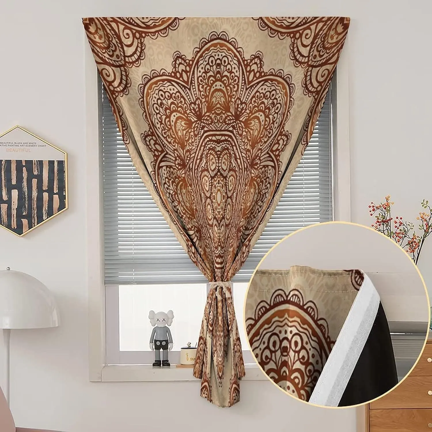 XISUNYA Self Adhesive Portable Blackout Curtains, Mandala Room Darkening Curtains, Mehndi Style Floral Flower with Abstract Paisley Print Temporary Blackout Blinds,59W x84L Inch, for Kitchen Bathroom