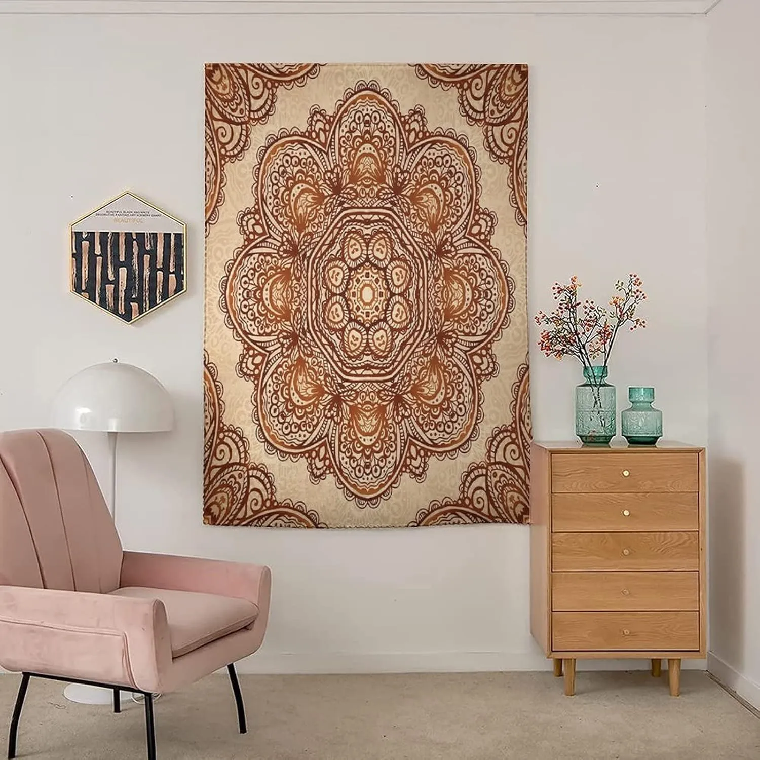 XISUNYA Self Adhesive Portable Blackout Curtains, Mandala Room Darkening Curtains, Mehndi Style Floral Flower with Abstract Paisley Print Temporary Blackout Blinds,59W x84L Inch, for Kitchen Bathroom