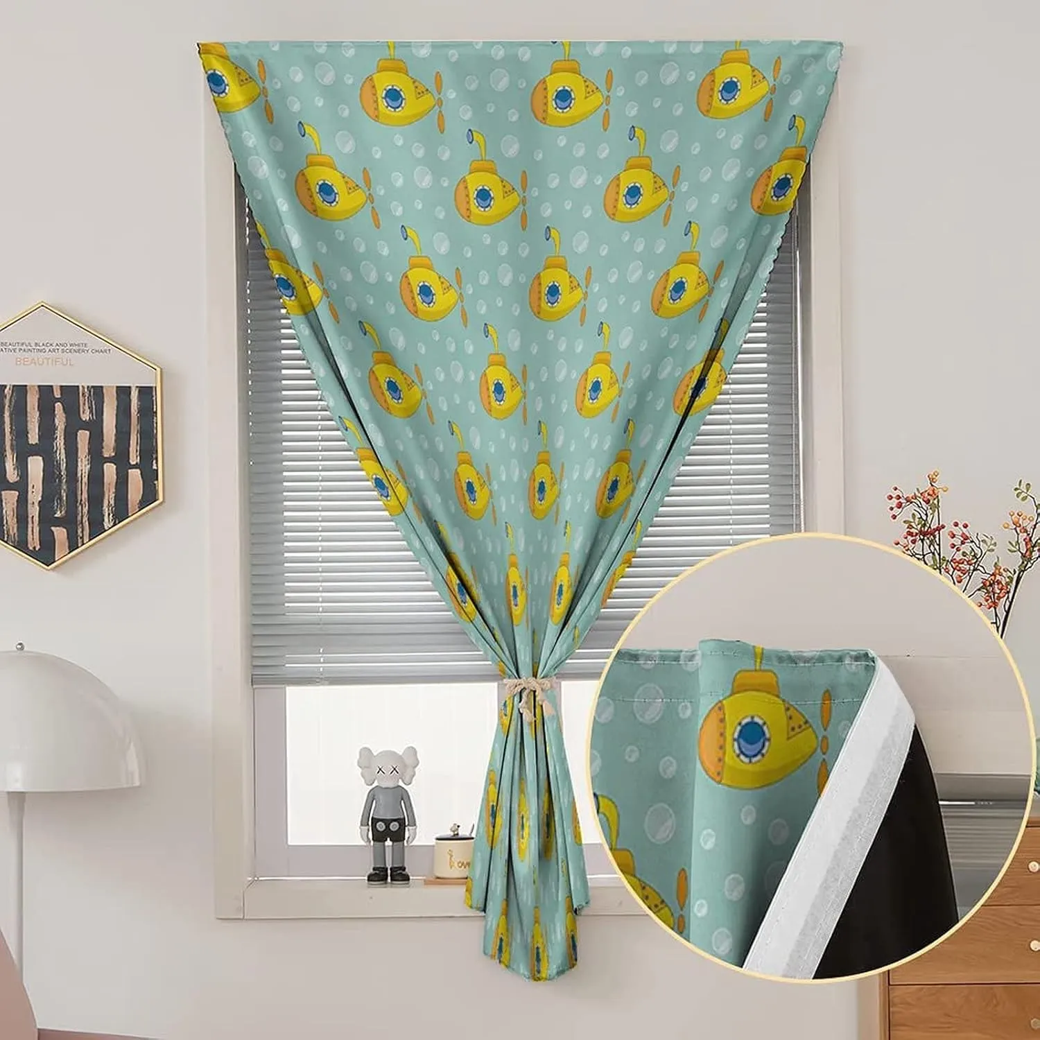 XISUNYA Self Adhesive Portable Blackout Curtains, Yellow Submarine Room Darkening Curtains, Nautical Design Submarine and Bubbles Print Temporary Blackout Blinds,47W x54L Inches, for Bathroom Bedroom