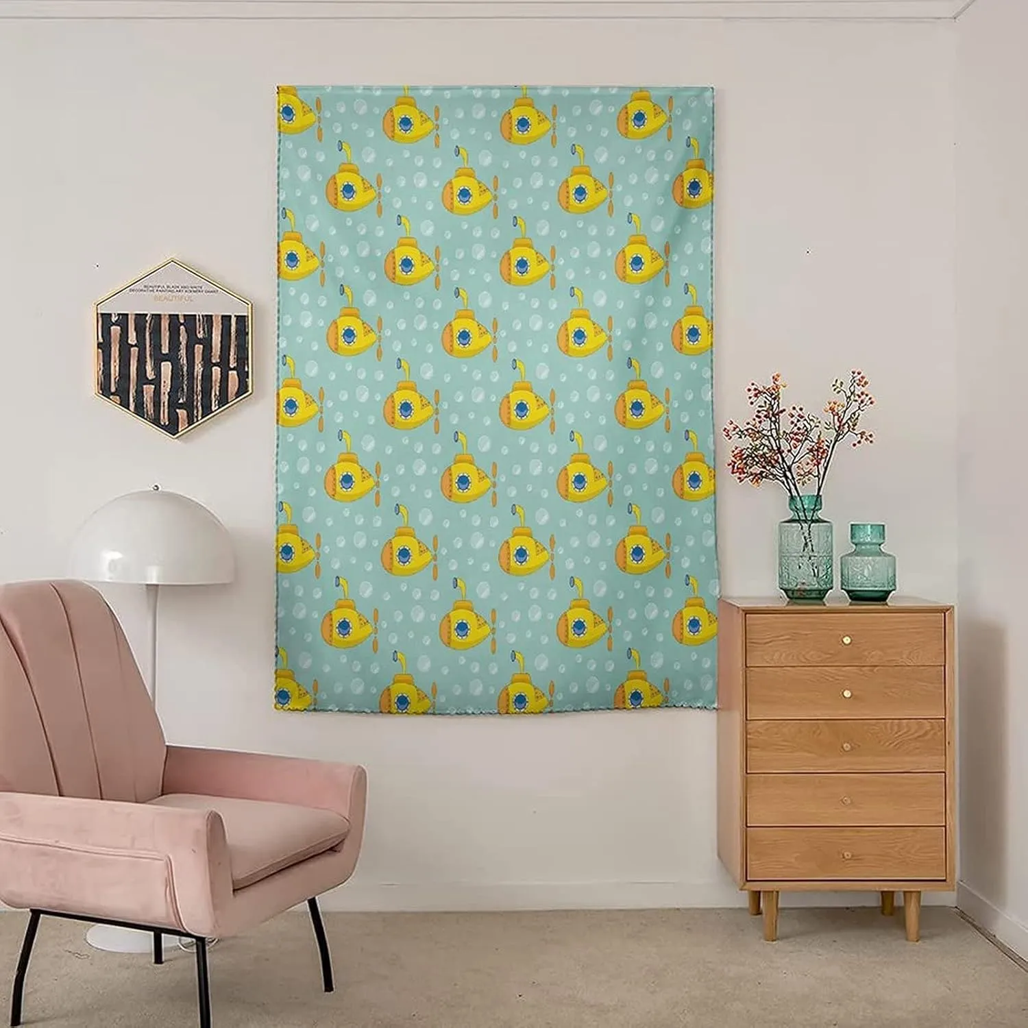 XISUNYA Self Adhesive Portable Blackout Curtains, Yellow Submarine Room Darkening Curtains, Nautical Design Submarine and Bubbles Print Temporary Blackout Blinds,47W x54L Inches, for Bathroom Bedroom