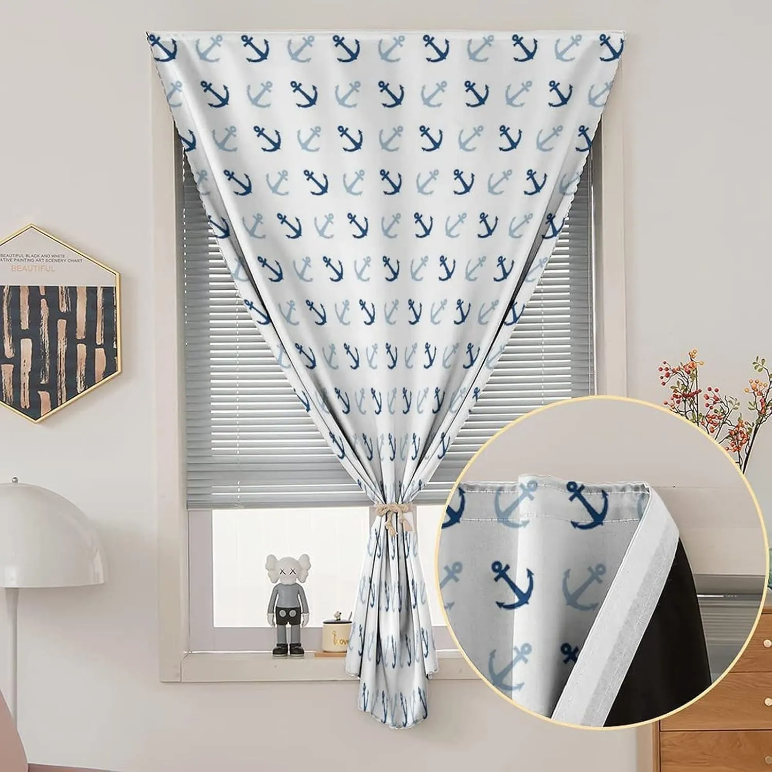 XISUNYA Travel Windows Blackout Curtain, Anchor Curtain Shades, Simple Classical Icons Maritime Ocean Aquatic Theme Sailing Print Living Room Bedroom Window Drapes,26W x40L Inch, for Kitchen Bathroom