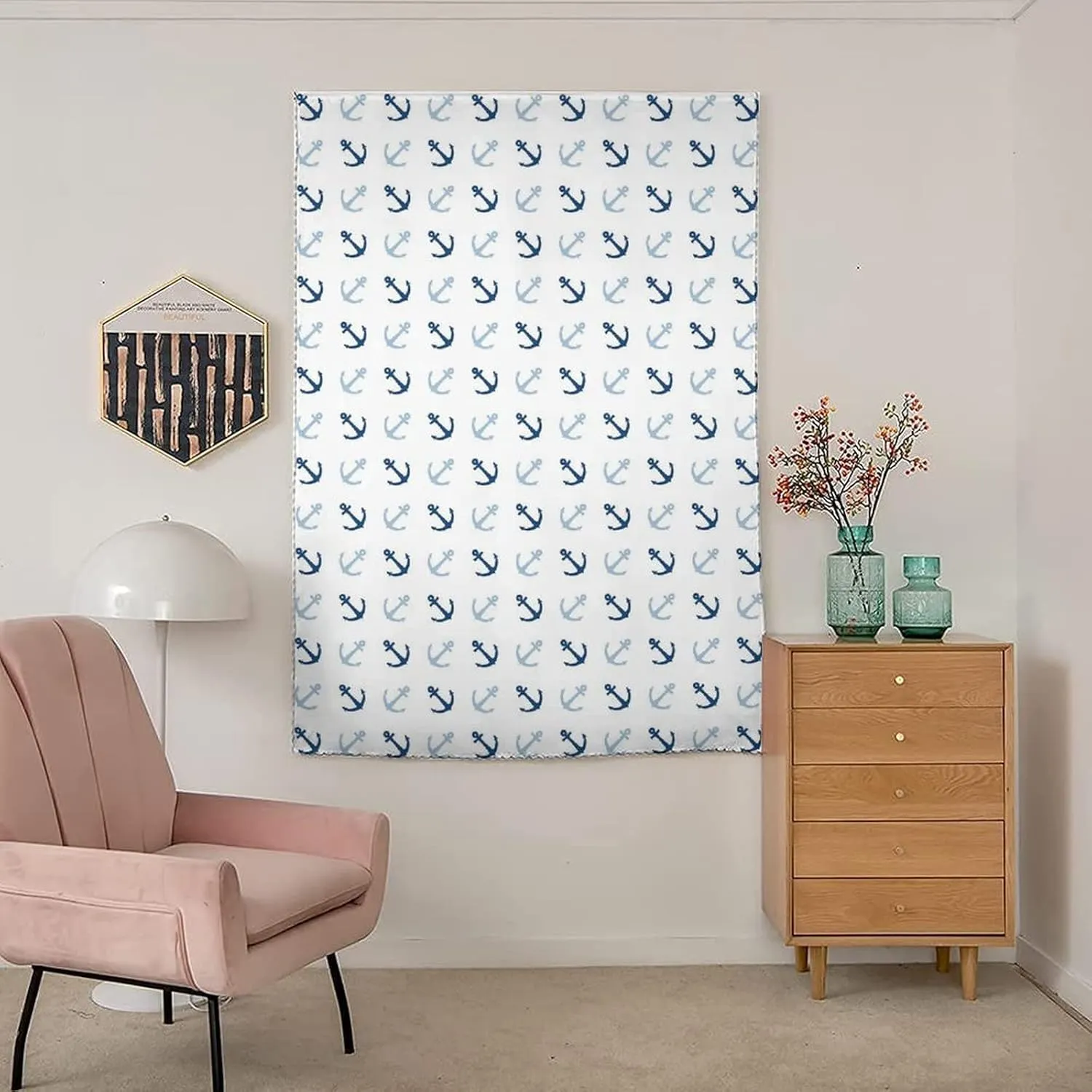XISUNYA Travel Windows Blackout Curtain, Anchor Curtain Shades, Simple Classical Icons Maritime Ocean Aquatic Theme Sailing Print Living Room Bedroom Window Drapes,26W x40L Inch, for Kitchen Bathroom