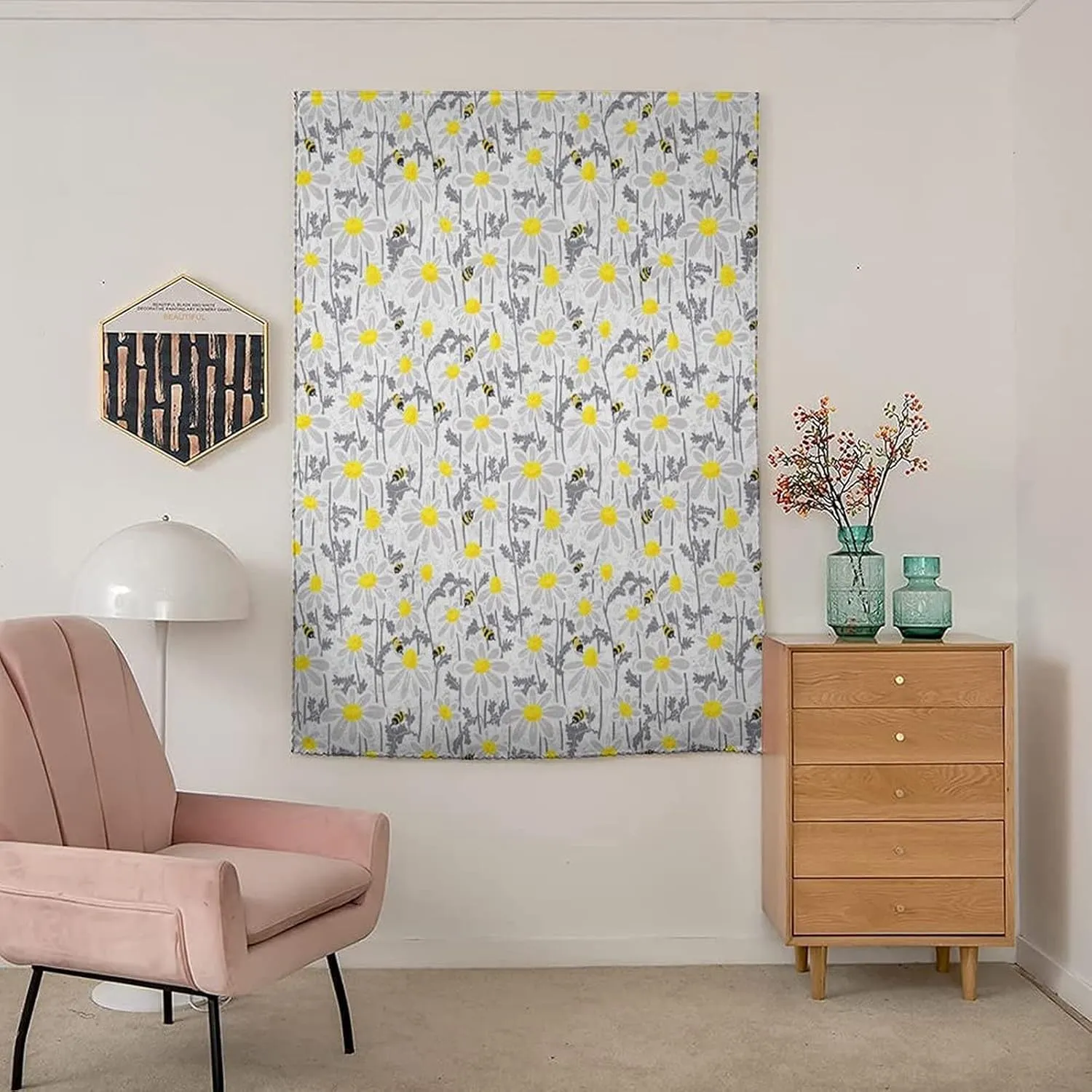XISUNYA Travel Windows Blackout Curtain, Yellow Curtain Shades, Bees and Chamomile Daisy Flowers in Flourishing Meadow Print Adjustable Temporary Blackout Shades,59W x72L Inches, for Bathroom Bedroom
