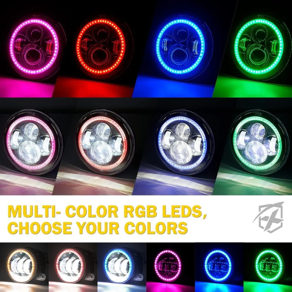Xprite 7" Inch RGB Halo LED Headlights & 4" Fog Lights Led Combo Headlamp Assembly Dual Controlled RGB Light Kits Compatible with 2007-2018 Jeep Wrangler JK JKU, DOT Approved
