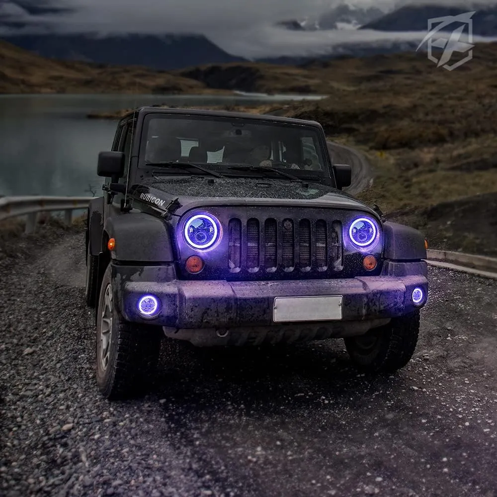 Xprite 7" Inch RGB Halo LED Headlights & 4" Fog Lights Led Combo Headlamp Assembly Dual Controlled RGB Light Kits Compatible with 2007-2018 Jeep Wrangler JK JKU, DOT Approved