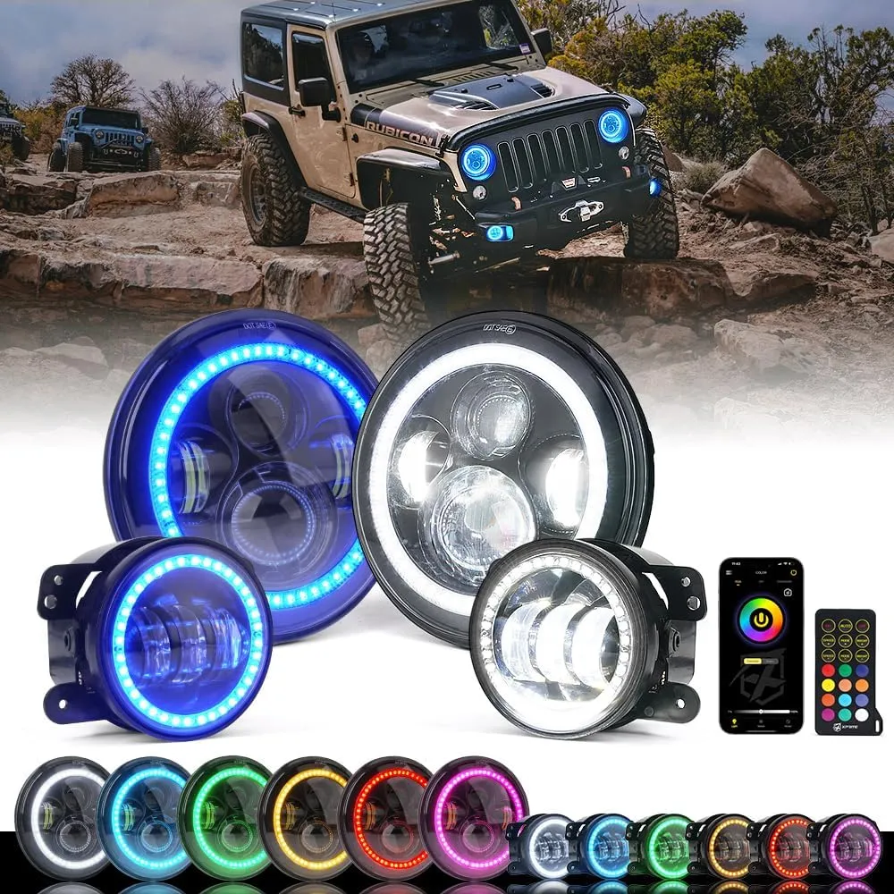 Xprite 7" Inch RGB Halo LED Headlights & 4" Fog Lights Led Combo Headlamp Assembly Dual Controlled RGB Light Kits Compatible with 2007-2018 Jeep Wrangler JK JKU, DOT Approved