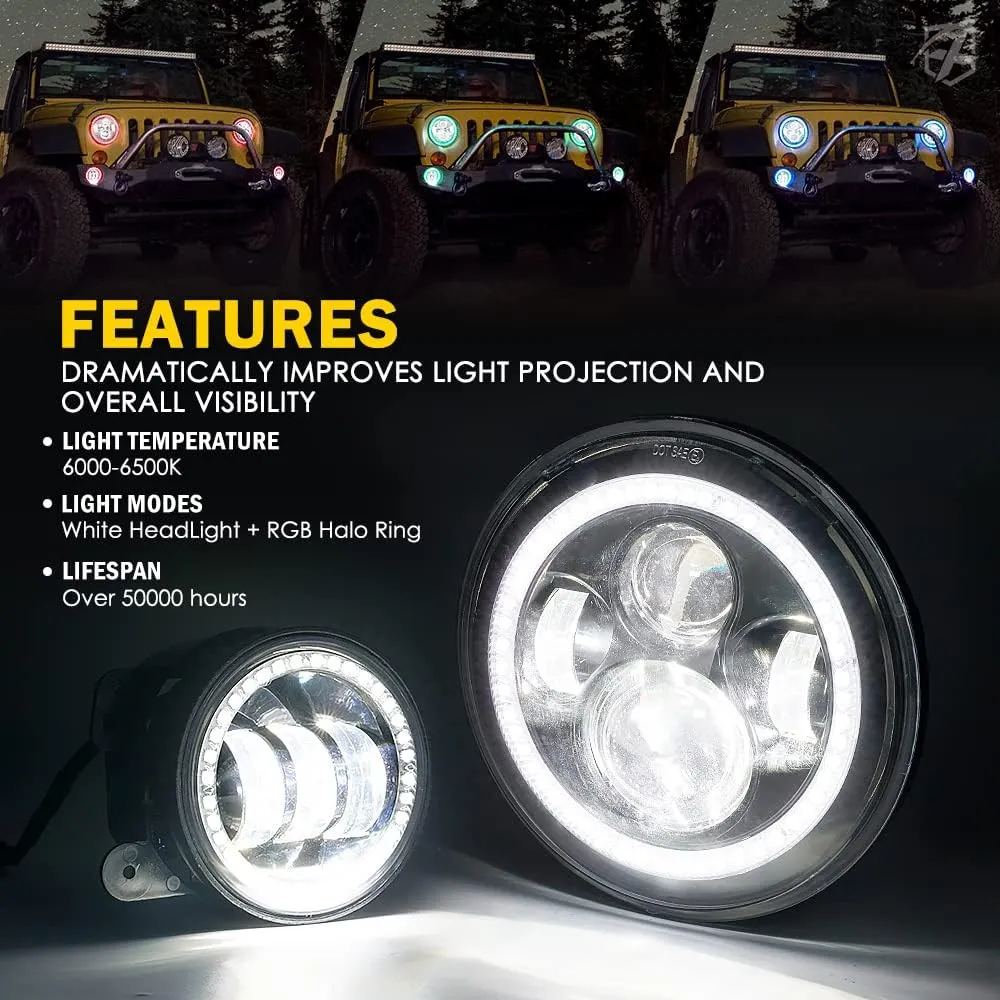 Xprite 7" Inch RGB Halo LED Headlights & 4" Fog Lights Led Combo Headlamp Assembly Dual Controlled RGB Light Kits Compatible with 2007-2018 Jeep Wrangler JK JKU, DOT Approved
