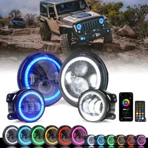 Xprite 7" Inch RGB Halo LED Headlights & 4" Fog Lights Led Combo Headlamp Assembly Dual Controlled RGB Light Kits Compatible with 2007-2018 Jeep Wrangler JK JKU, DOT Approved