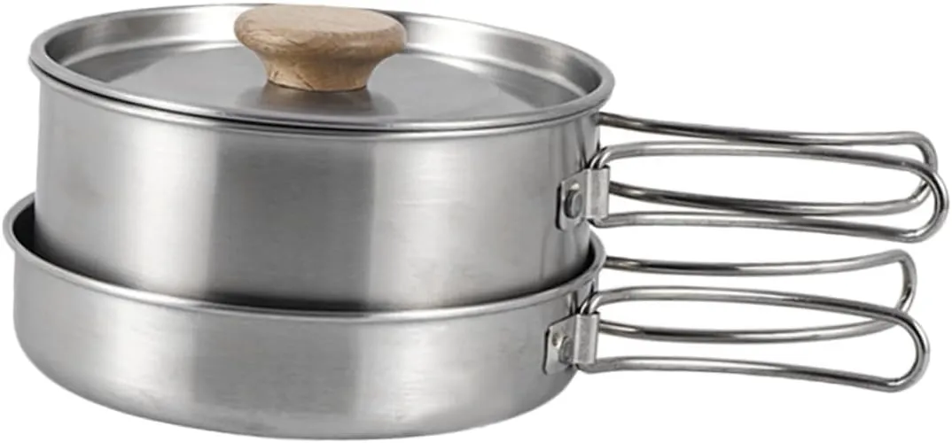 YARNOW Camping Griddle Pan Multi-Function Outdoor Cooking Pot Portable Stainless Steel Folding Handle Pot
