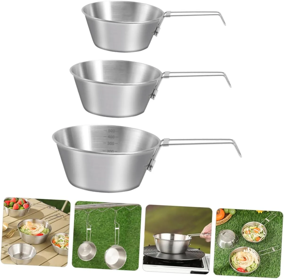 YARNOW Stainless Steel Camping Bowl Set 3pcs Collapsible Bowls with Handle Lightweight and Durable for Outdoor Meals