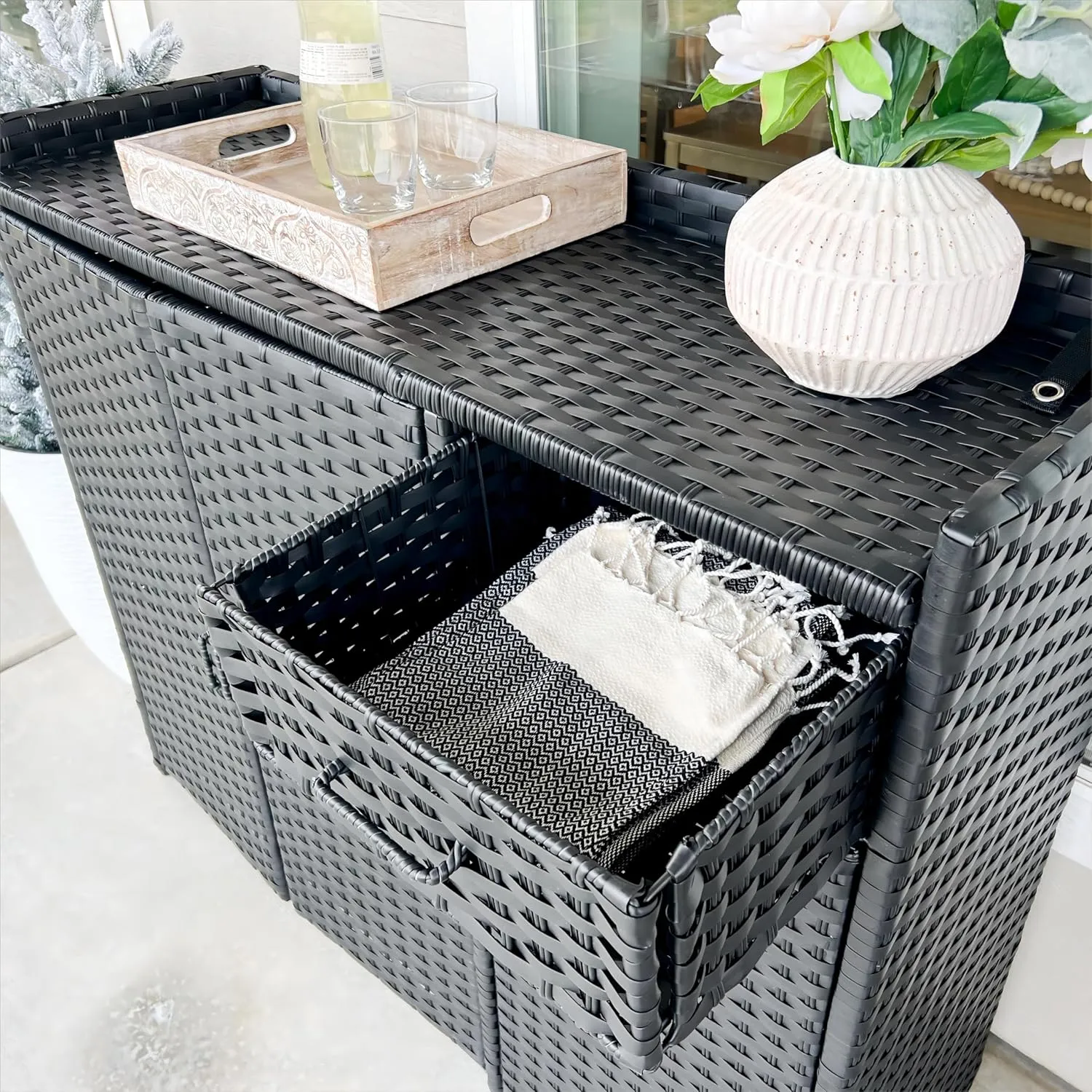 YITAHOME Outdoor Storage Cabinet, Weather-proof Rattan Bar Table with Two Doors, Adjustable Shelves & Foldable Drawer, Wicker Patio Storage Box for Outdoor Cushions, Pool Tool and Garden Tools - Black