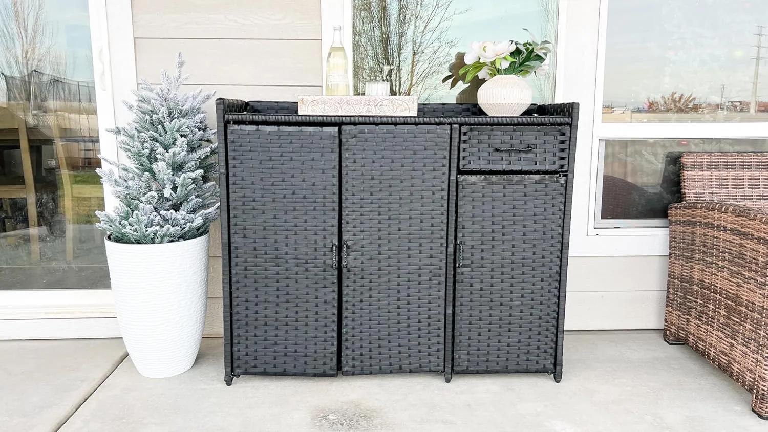 YITAHOME Outdoor Storage Cabinet, Weather-proof Rattan Bar Table with Two Doors, Adjustable Shelves & Foldable Drawer, Wicker Patio Storage Box for Outdoor Cushions, Pool Tool and Garden Tools - Black