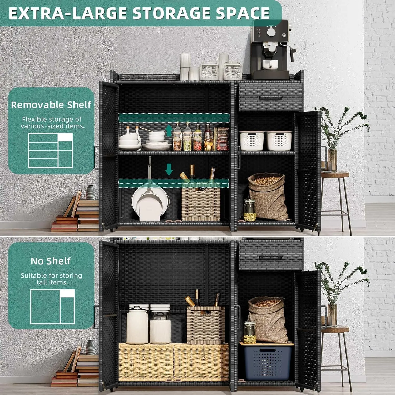 YITAHOME Outdoor Storage Cabinet, Weather-proof Rattan Bar Table with Two Doors, Adjustable Shelves & Foldable Drawer, Wicker Patio Storage Box for Outdoor Cushions, Pool Tool and Garden Tools - Black