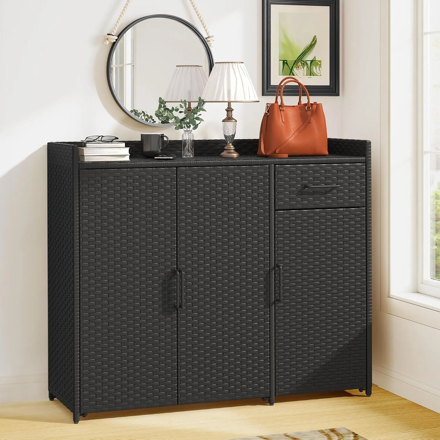 YITAHOME Outdoor Storage Cabinet, Weather-proof Rattan Bar Table with Two Doors, Adjustable Shelves & Foldable Drawer, Wicker Patio Storage Box for Outdoor Cushions, Pool Tool and Garden Tools - Black