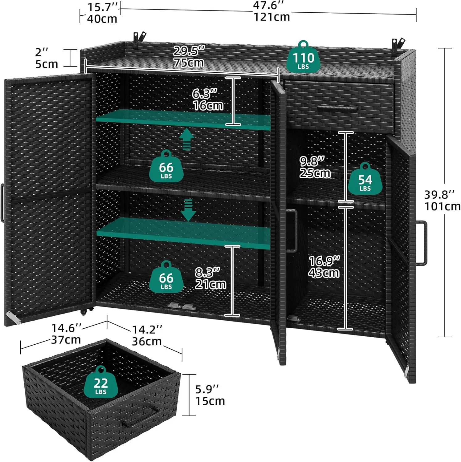YITAHOME Outdoor Storage Cabinet, Weather-proof Rattan Bar Table with Two Doors, Adjustable Shelves & Foldable Drawer, Wicker Patio Storage Box for Outdoor Cushions, Pool Tool and Garden Tools - Black