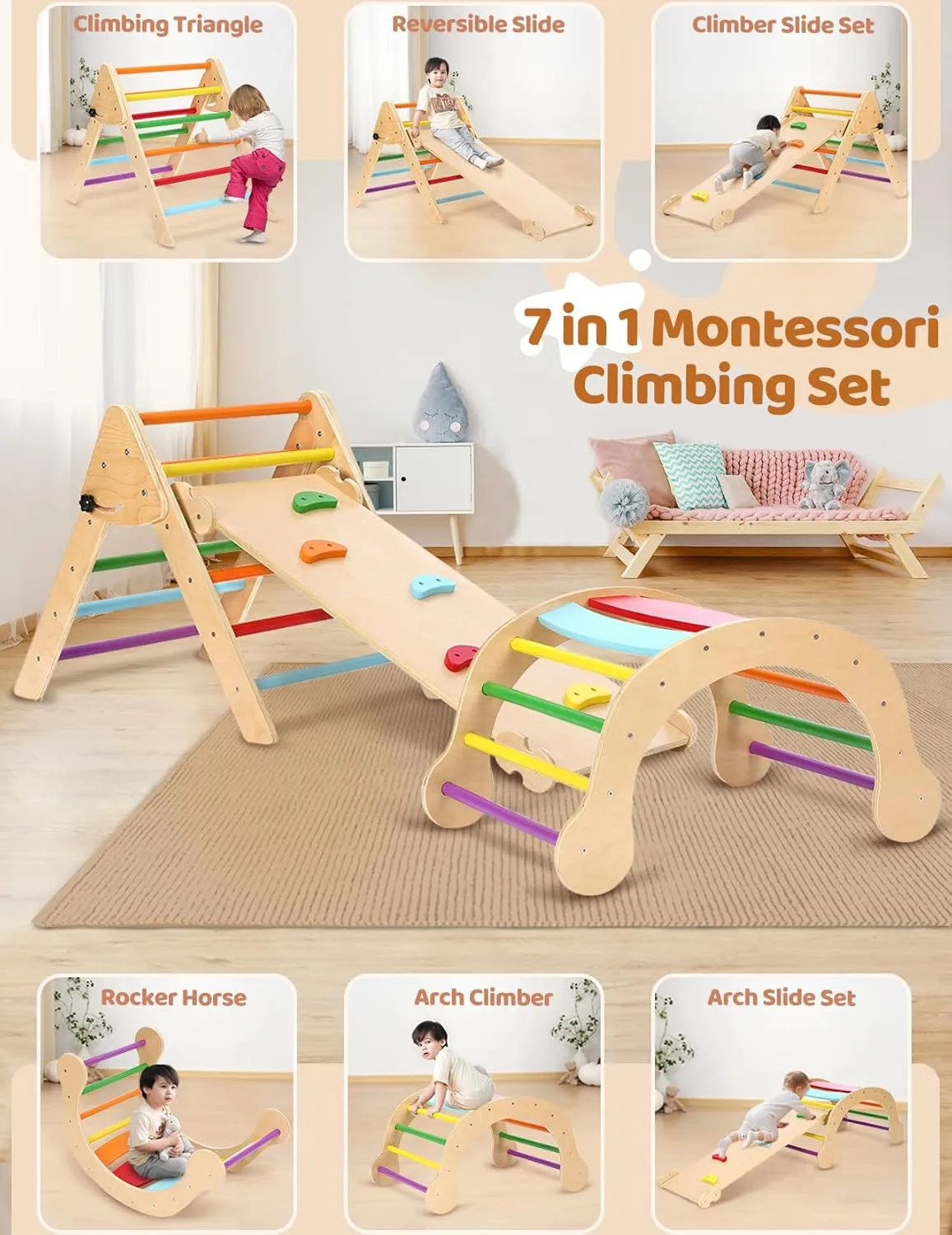 YOLEO Pikler Triangle Set 7-in-1, Montessori Toddler Climbing Toys Indoor,Easy-Fold Wooden Climbing Toys for Toddlers 1-3 Inside,Fun Pickler climbing Set and Indoor Playground Jungle Gyms for Toddlers