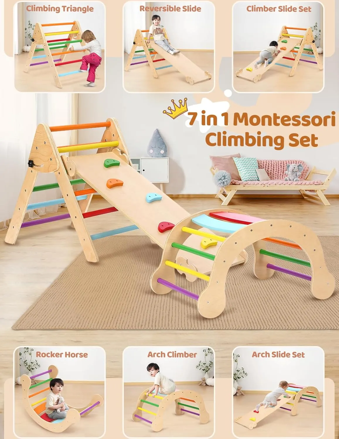 YOLEO Pikler Triangle Set 7-in-1, Montessori Toddler Climbing Toys Indoor,Easy-Fold Wooden Climbing Toys for Toddlers 1-3 Inside,Fun Pickler climbing Set and Indoor Playground Jungle Gyms for Toddlers