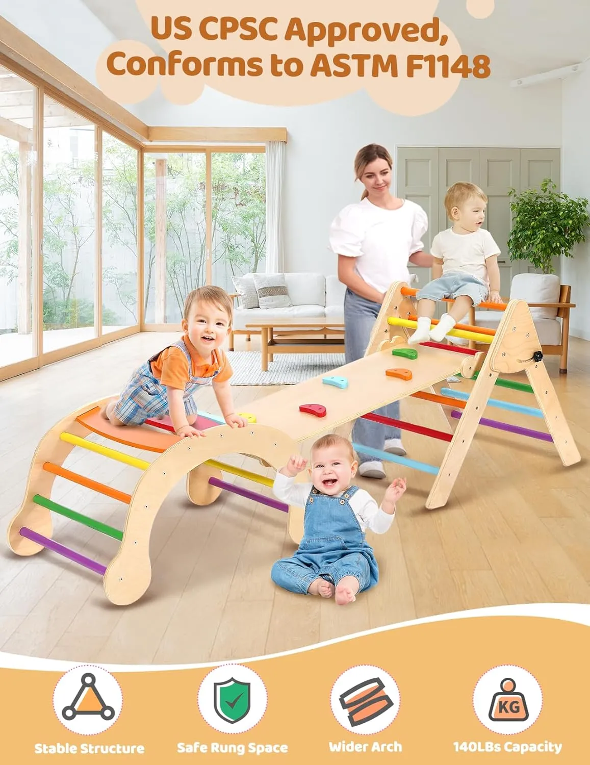YOLEO Pikler Triangle Set 7-in-1, Montessori Toddler Climbing Toys Indoor,Easy-Fold Wooden Climbing Toys for Toddlers 1-3 Inside,Fun Pickler climbing Set and Indoor Playground Jungle Gyms for Toddlers