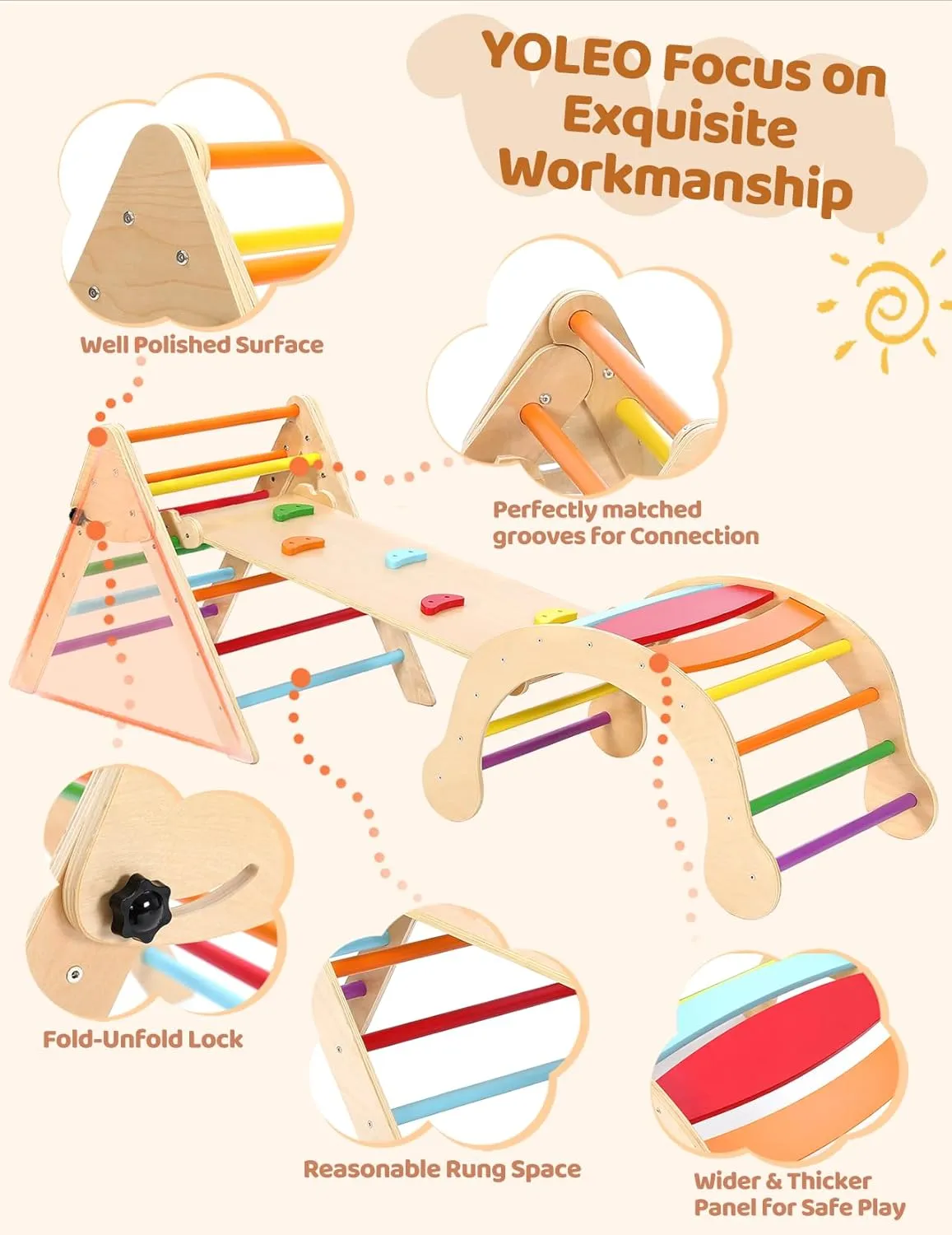 YOLEO Pikler Triangle Set 7-in-1, Montessori Toddler Climbing Toys Indoor,Easy-Fold Wooden Climbing Toys for Toddlers 1-3 Inside,Fun Pickler climbing Set and Indoor Playground Jungle Gyms for Toddlers