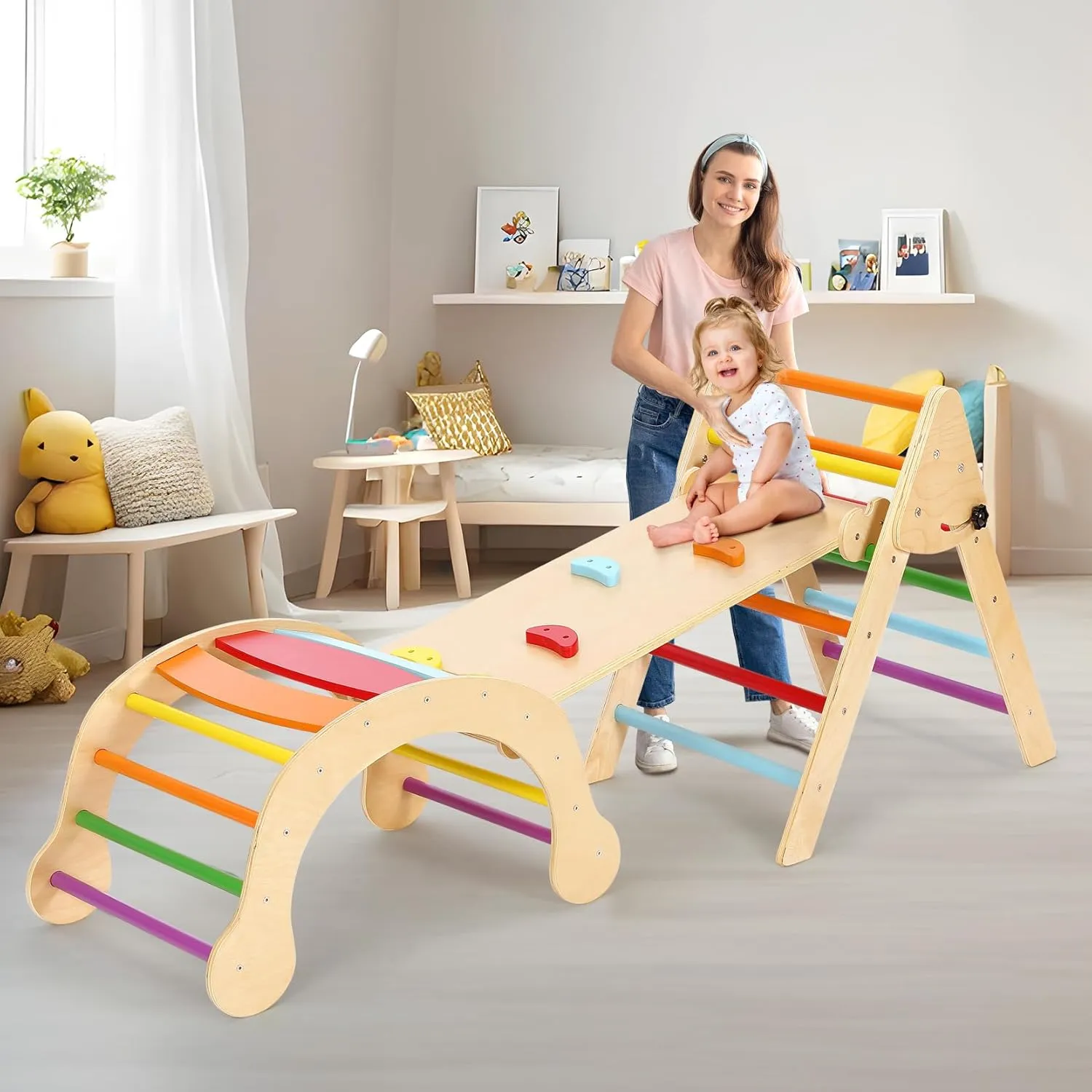YOLEO Pikler Triangle Set 7-in-1, Montessori Toddler Climbing Toys Indoor,Easy-Fold Wooden Climbing Toys for Toddlers 1-3 Inside,Fun Pickler climbing Set and Indoor Playground Jungle Gyms for Toddlers