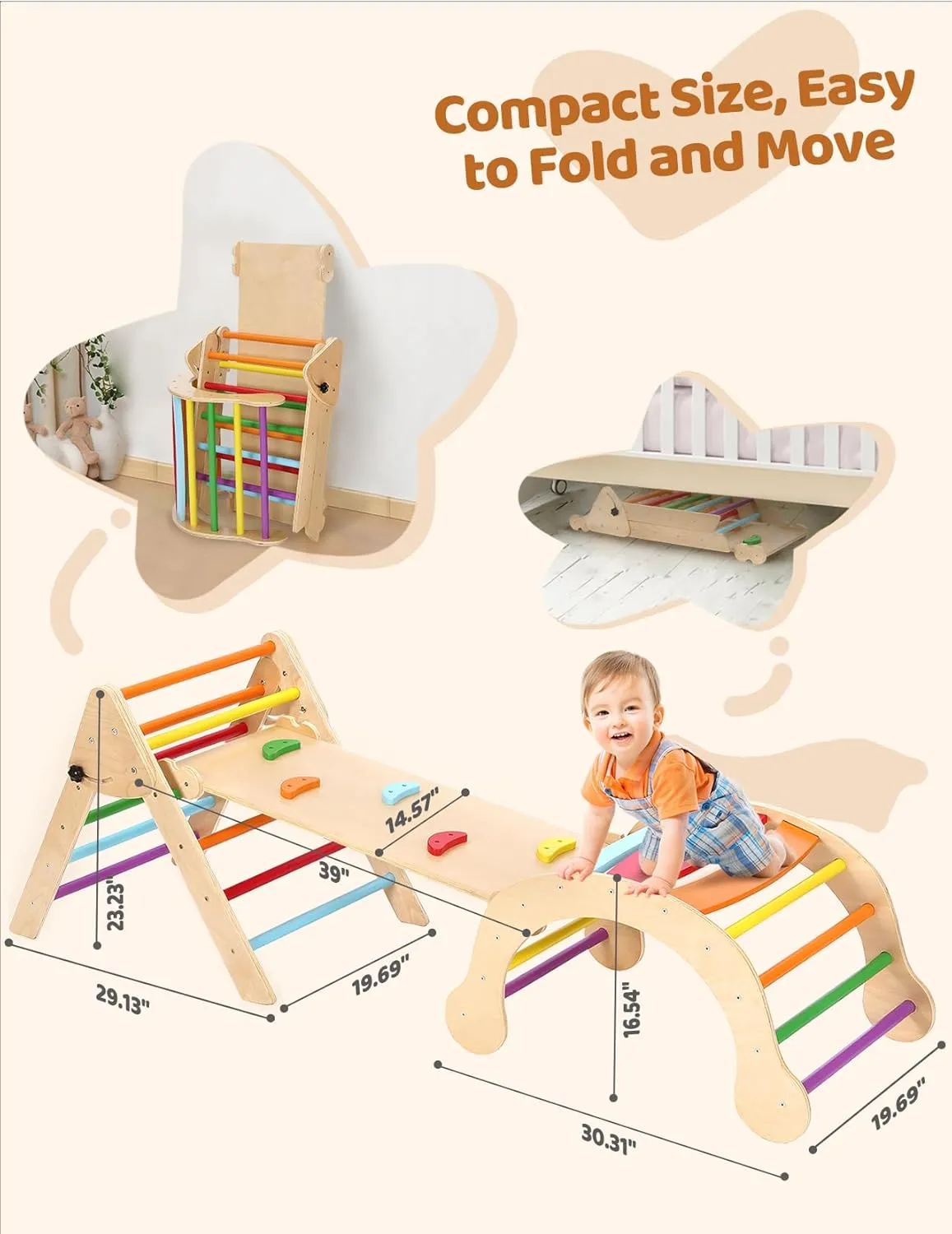 YOLEO Pikler Triangle Set 7-in-1, Montessori Toddler Climbing Toys Indoor,Easy-Fold Wooden Climbing Toys for Toddlers 1-3 Inside,Fun Pickler climbing Set and Indoor Playground Jungle Gyms for Toddlers