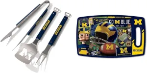 YouTheFan NCAA Michigan Wolverines Spirit Series 3-Piece BBQ Set,Stainless Steel, 22" x 9" & NCAA Michigan Wolverines Retro Series Cutting Board
