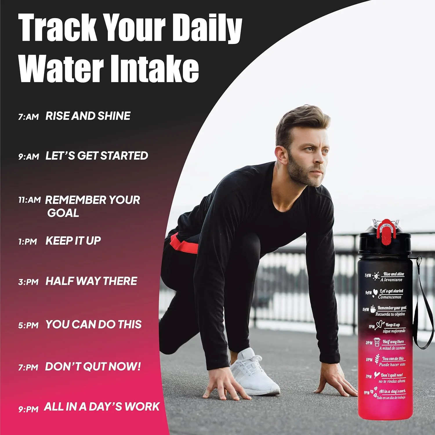 Zaak Reusable 1 Liter Motivational Water Bottle 32oz with Straw & Time Marker - BPA-Free Plastic, Durable Hydration, Includes Free Brush (Black-Green)